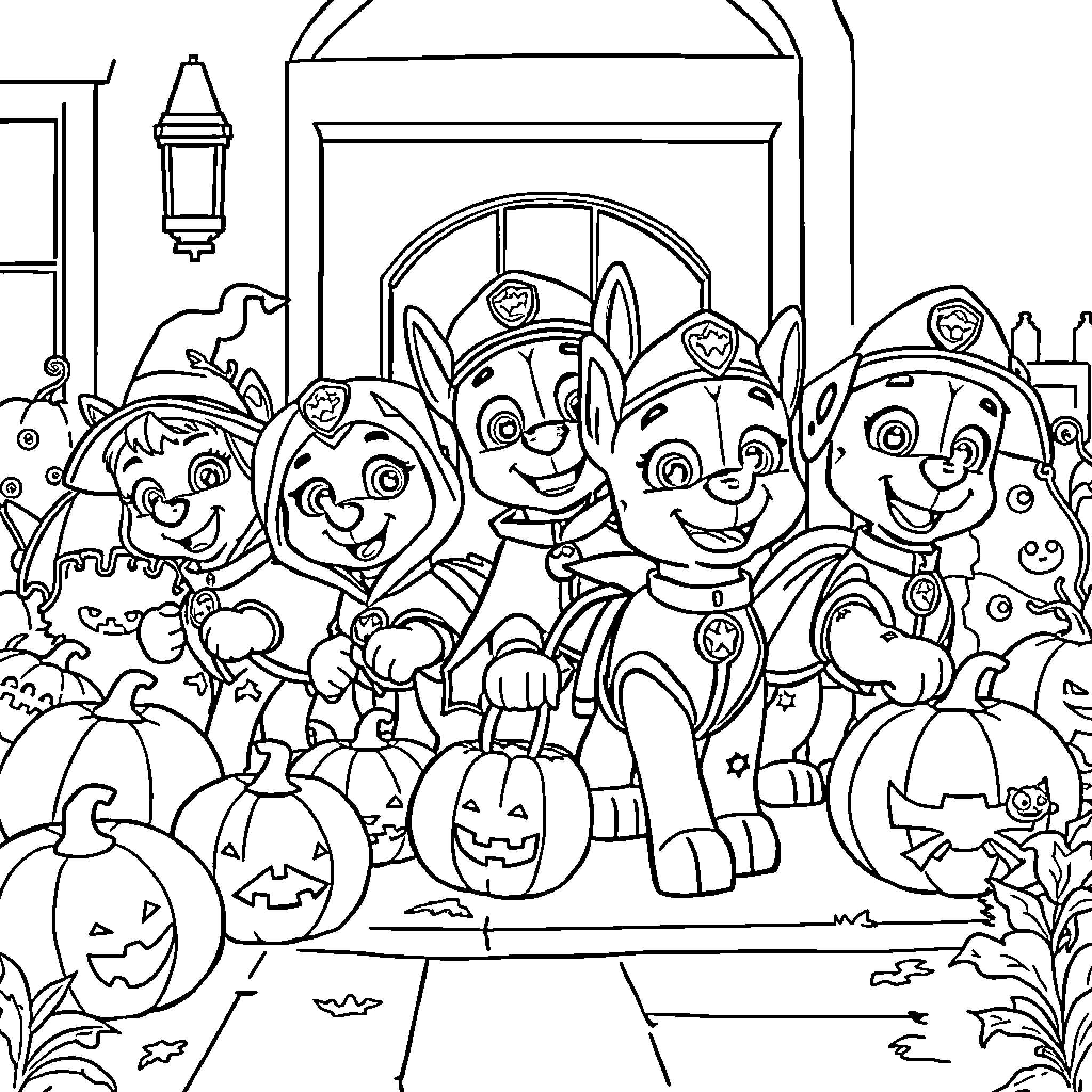 Paw Patrol characters in Halloween costumes and scenery Coloring Page (free black-and-white line drawing printable PDF for all, from beginners to advanced learners, including children, teens, adults, and seniors)