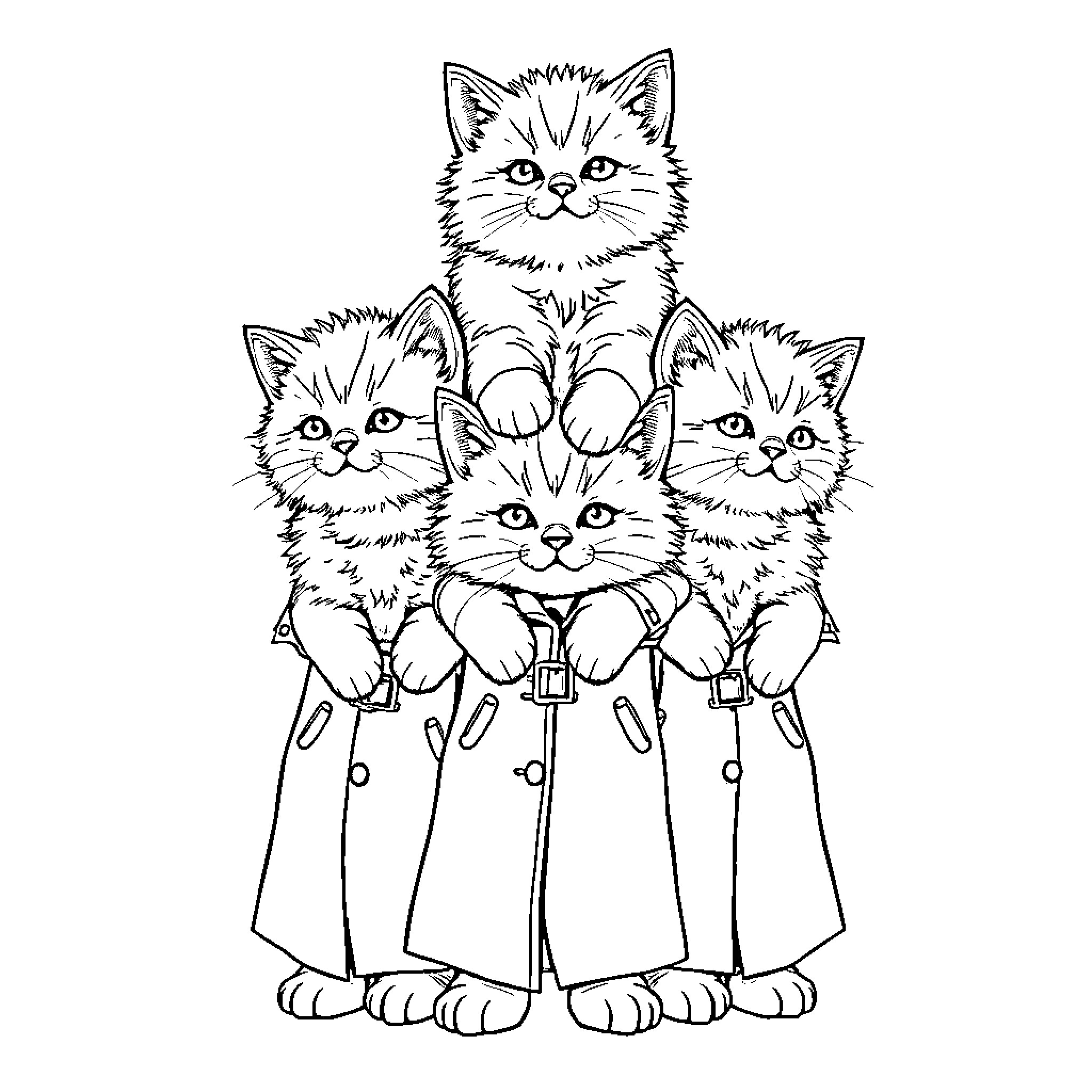 Kittens dressed in coats and hats Coloring Page (free black-and-white line drawing printable PDF for all, from beginners to advanced learners, including children, teens, adults, and seniors)