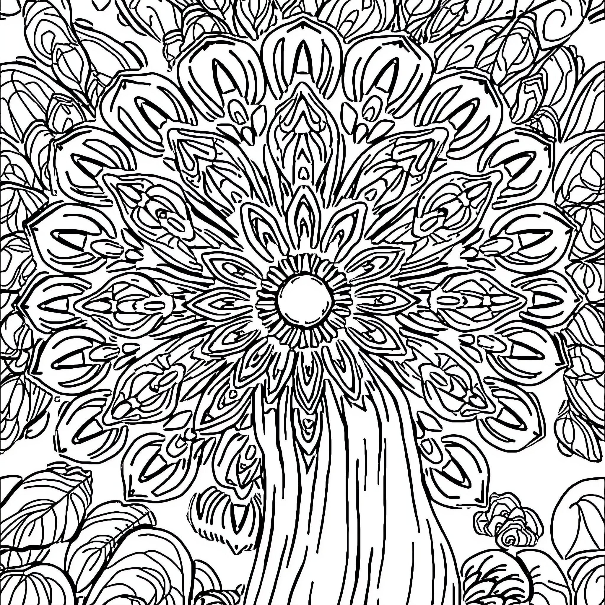 Fungi Floral Mandala Design Coloring Page (free black-and-white line drawing printable PDF for all, from beginners to advanced learners, including children, teens, adults, and seniors)