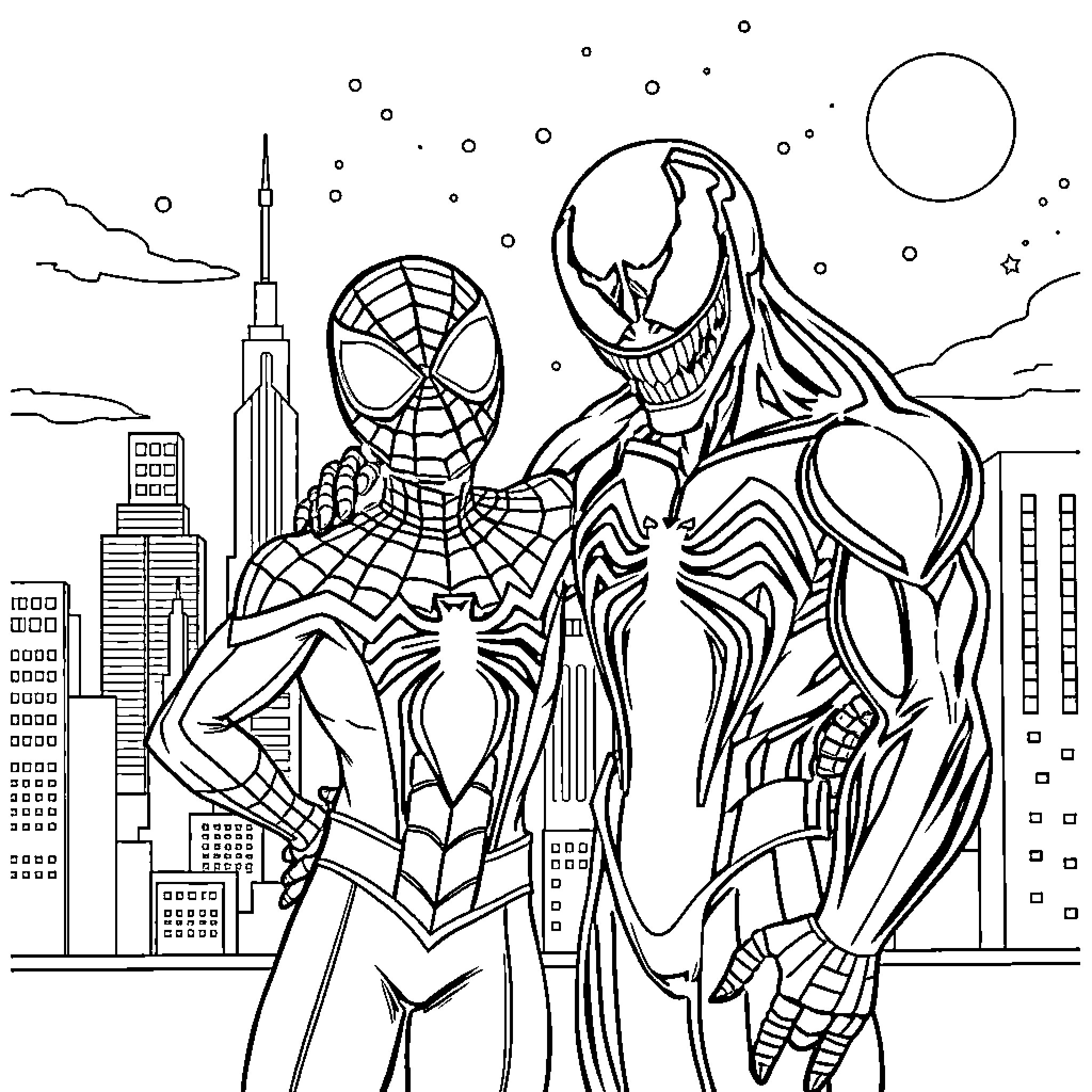 Spiderman and Venom face off in the city Coloring Page (free black-and-white line drawing printable PDF for all, from beginners to advanced learners, including children, teens, adults, and seniors)