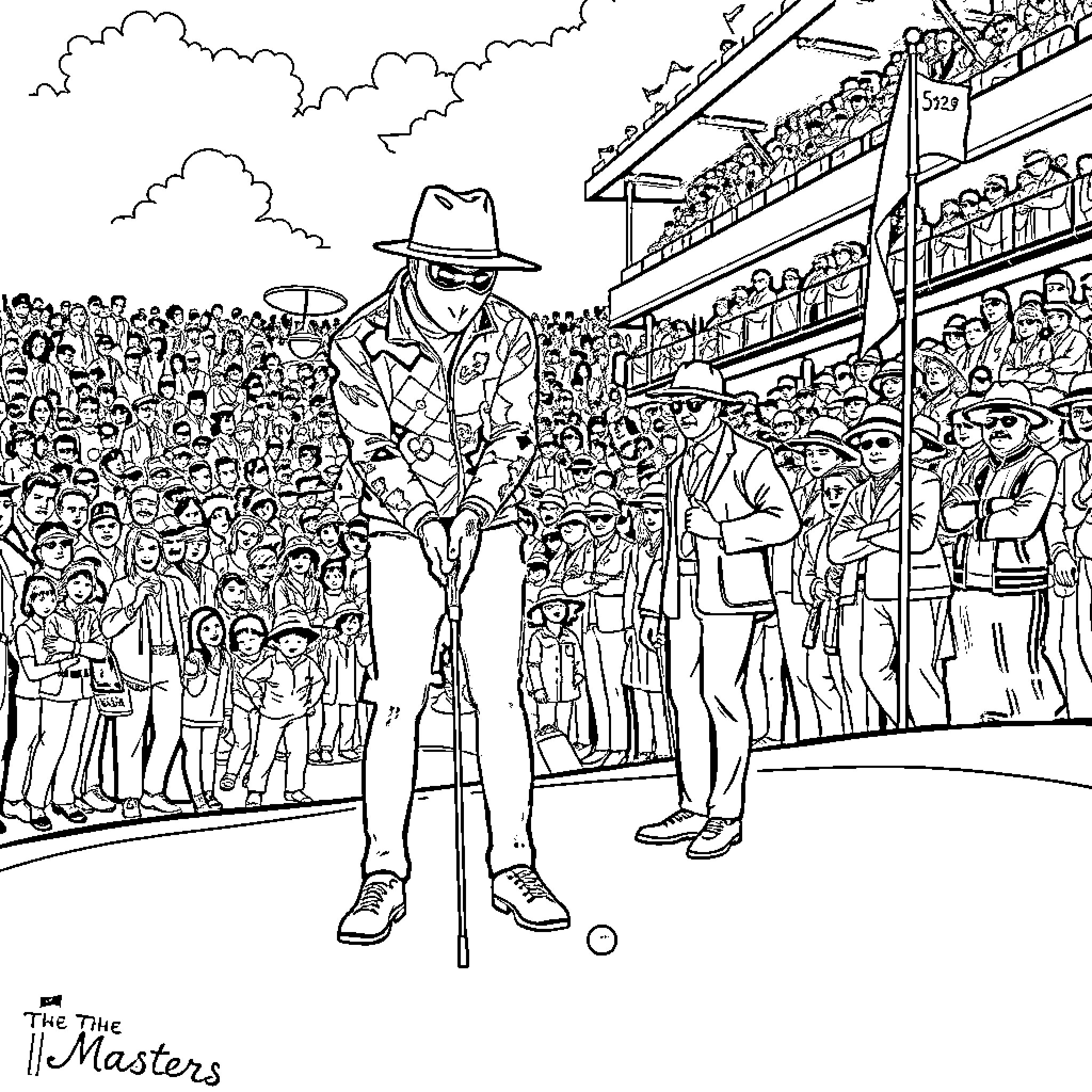 Bandit golfer entertains the cheering crowd Coloring Page (free black-and-white line drawing printable PDF for all, from beginners to advanced learners, including children, teens, adults, and seniors)