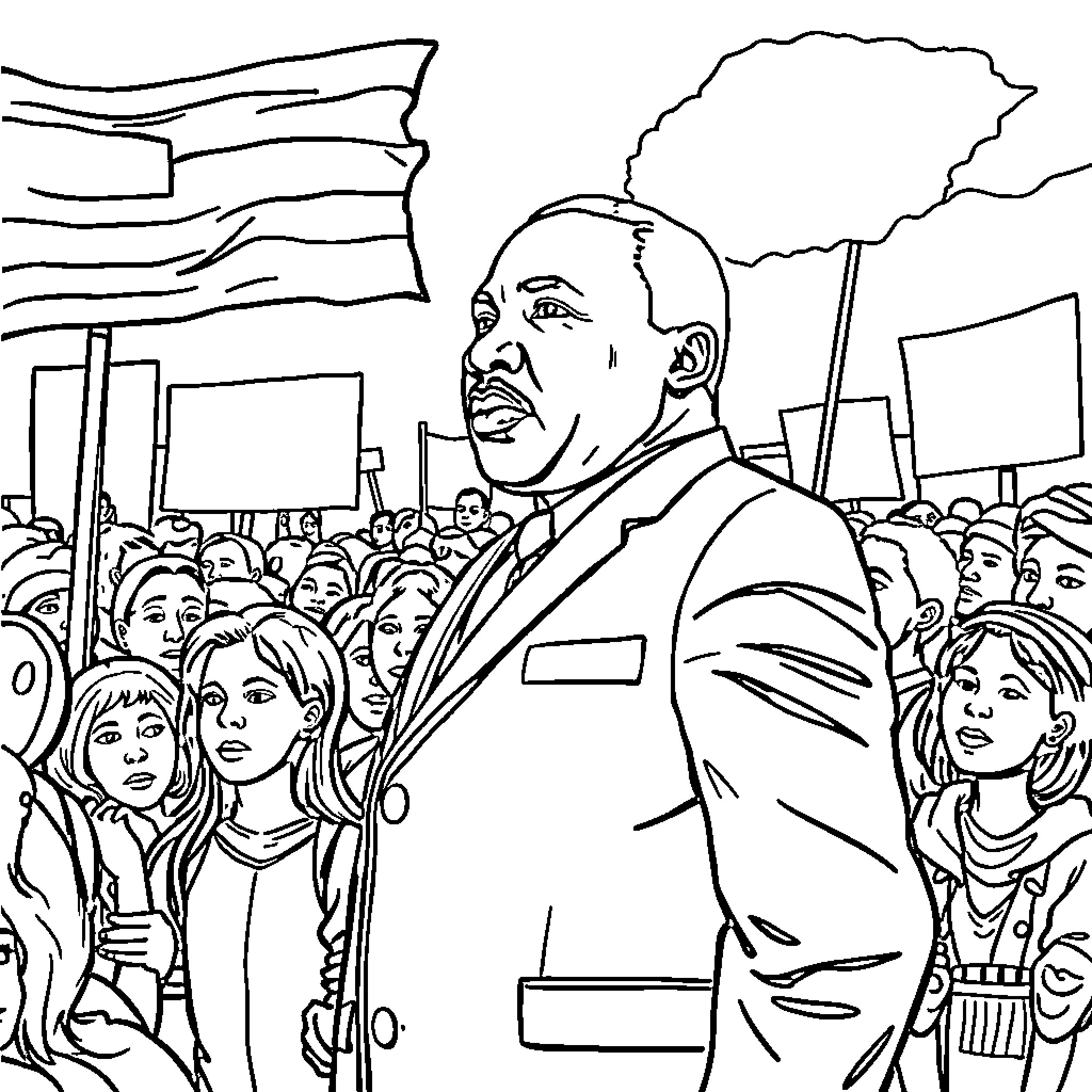 Martin Luther King Jr. addressing a crowd at a rally Coloring Page (free black-and-white line drawing printable PDF for all, from beginners to advanced learners, including children, teens, adults, and seniors)