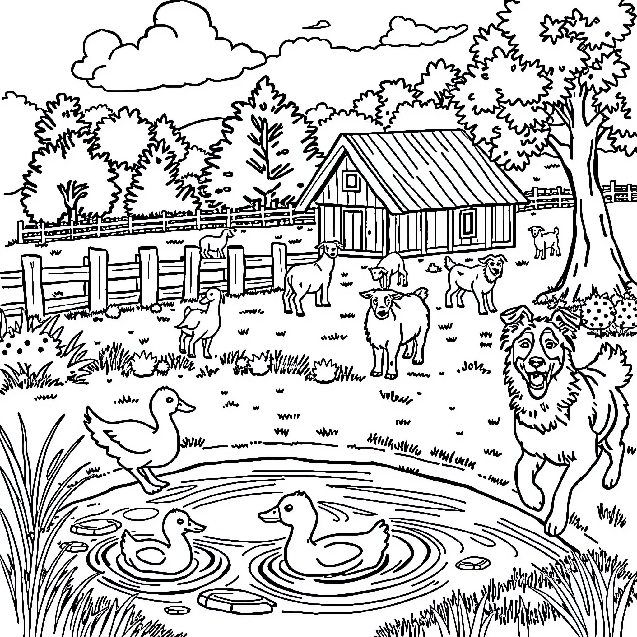 Farm animals and scenery with a wooden house Coloring Page (free black-and-white line drawing printable PDF for all, from beginners to advanced learners, including children, teens, adults, and seniors)