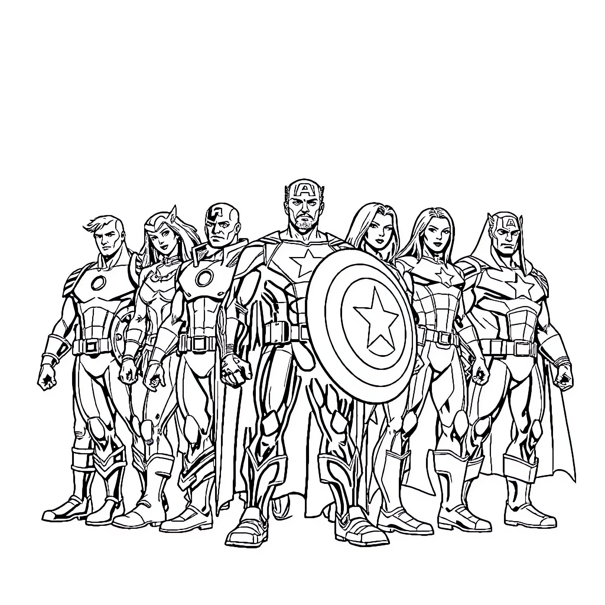 Avenger team assembling for action Coloring Page (free black-and-white line drawing printable PDF for all, from beginners to advanced learners, including children, teens, adults, and seniors)