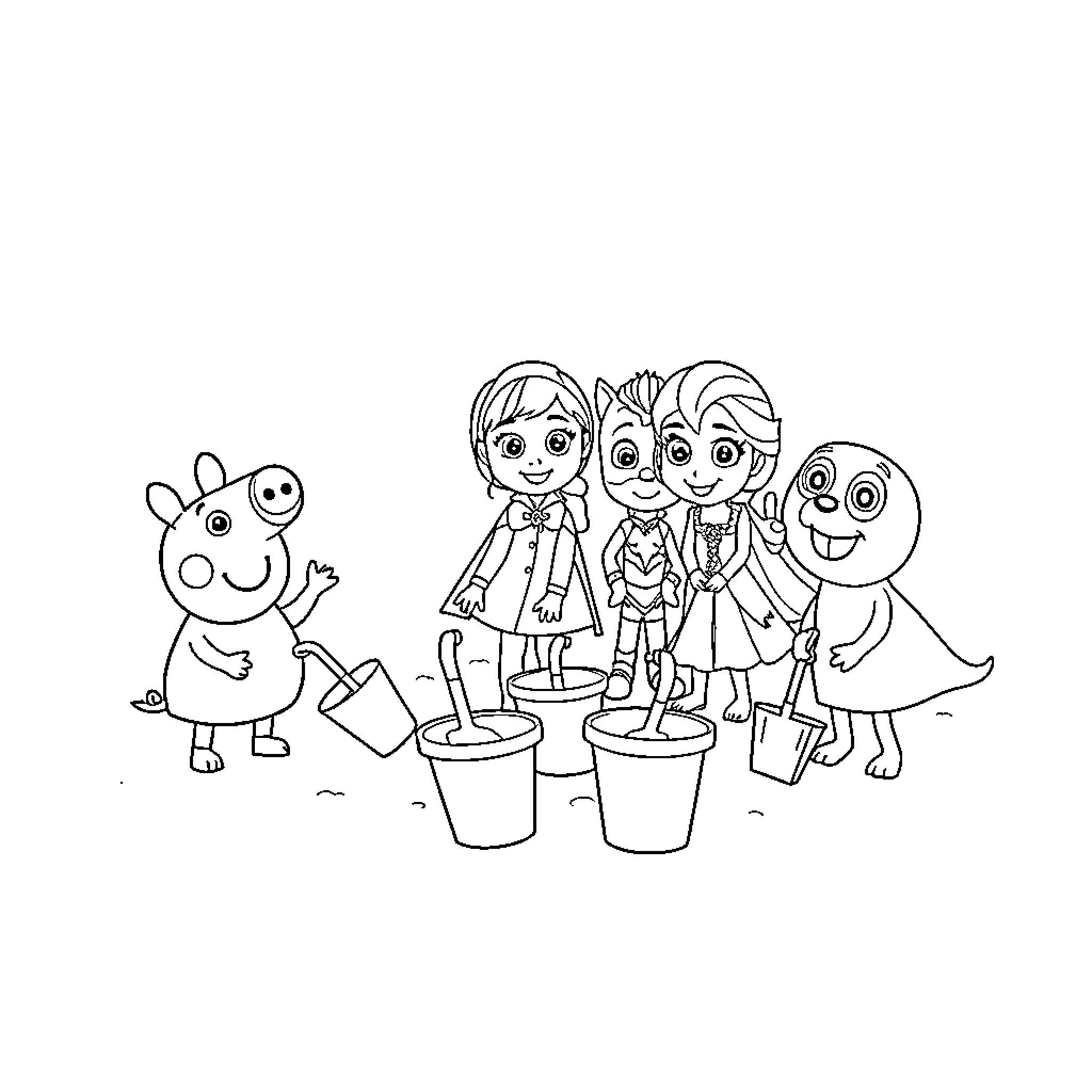Pig Characters Planting Flowers Together Coloring Page (free black-and-white line drawing printable PDF for all, from beginners to advanced learners, including children, teens, adults, and seniors)