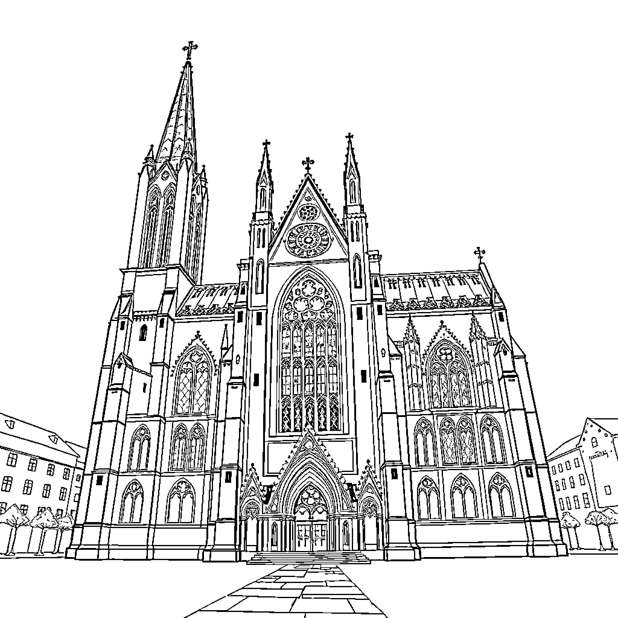 Cathedral of Gothic architectural style Coloring Page (free black-and-white line drawing printable PDF for all, from beginners to advanced learners, including children, teens, adults, and seniors)