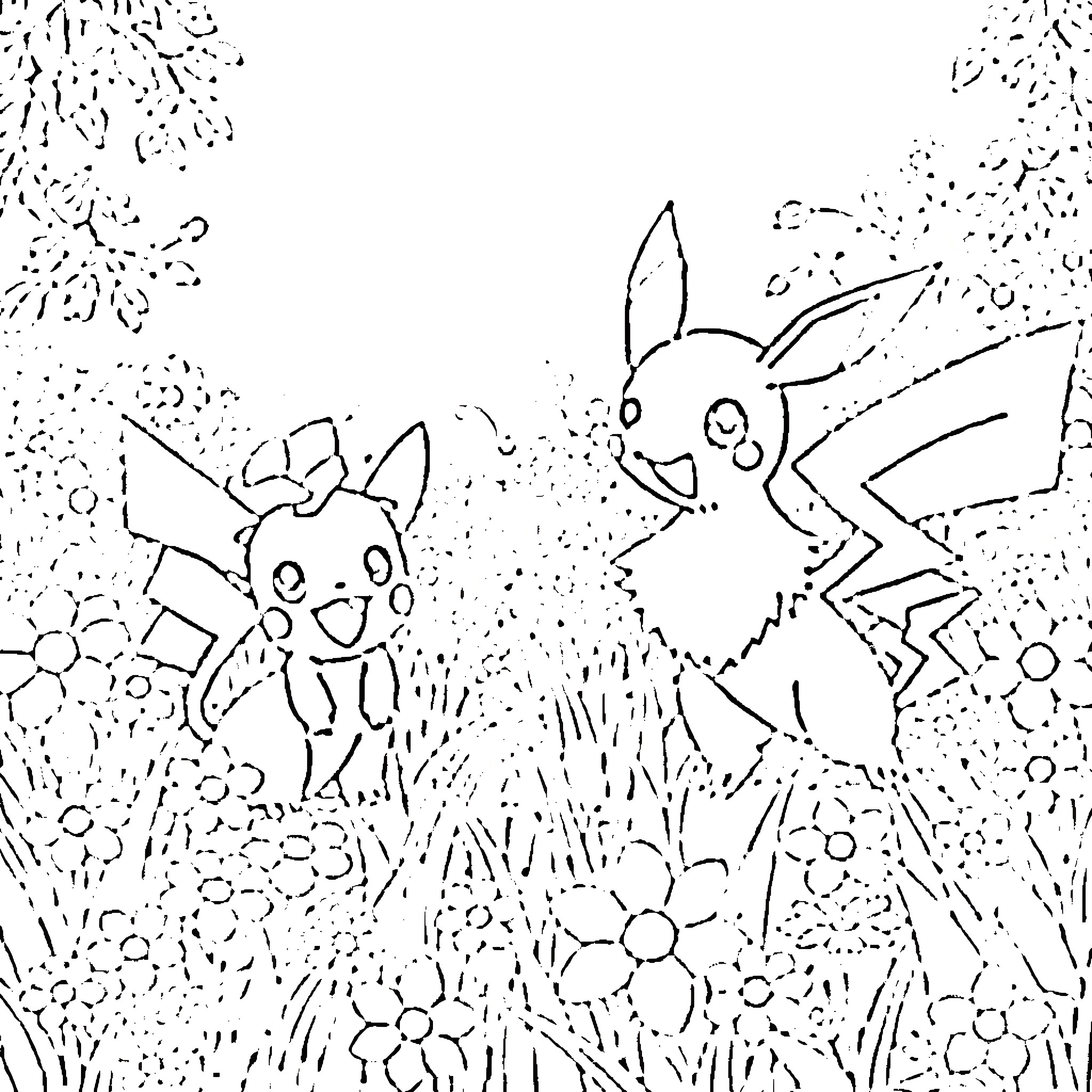 Pokémon playing gleefully in a floral field Coloring Page (free black-and-white line drawing printable PDF for all, from beginners to advanced learners, including children, teens, adults, and seniors)