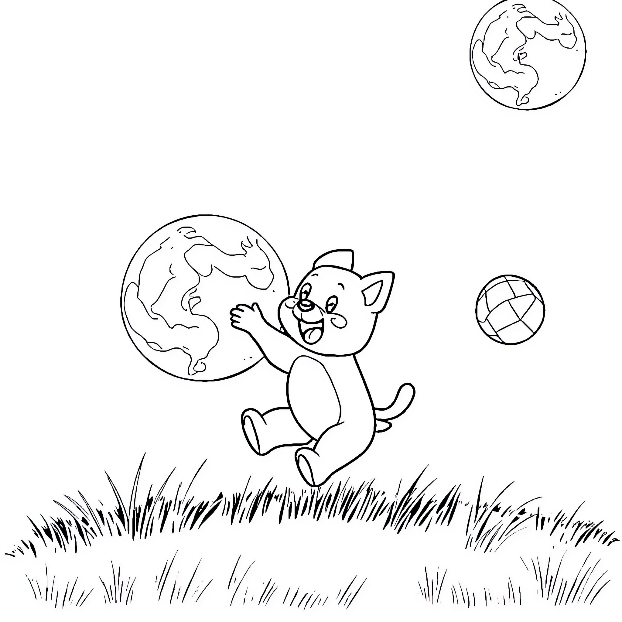 Bluey playing joyfully with earth globes Coloring Page (free black-and-white line drawing printable PDF for all, from beginners to advanced learners, including children, teens, adults, and seniors)