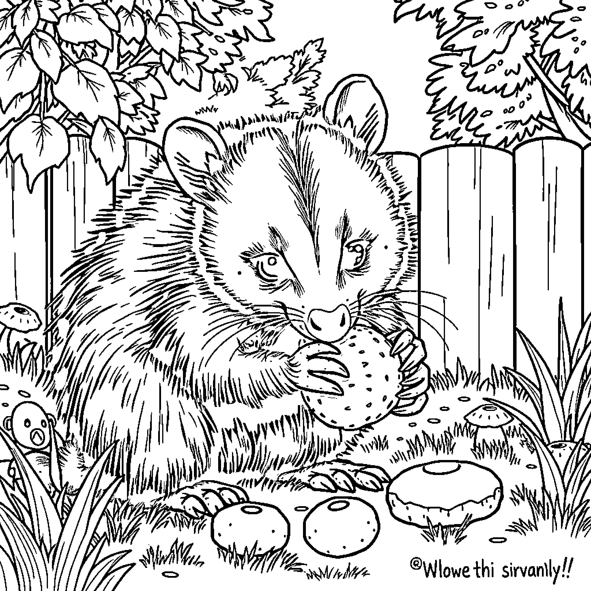 Possum foraging in the forest Coloring Page (free black-and-white line drawing printable PDF for all, from beginners to advanced learners, including children, teens, adults, and seniors)