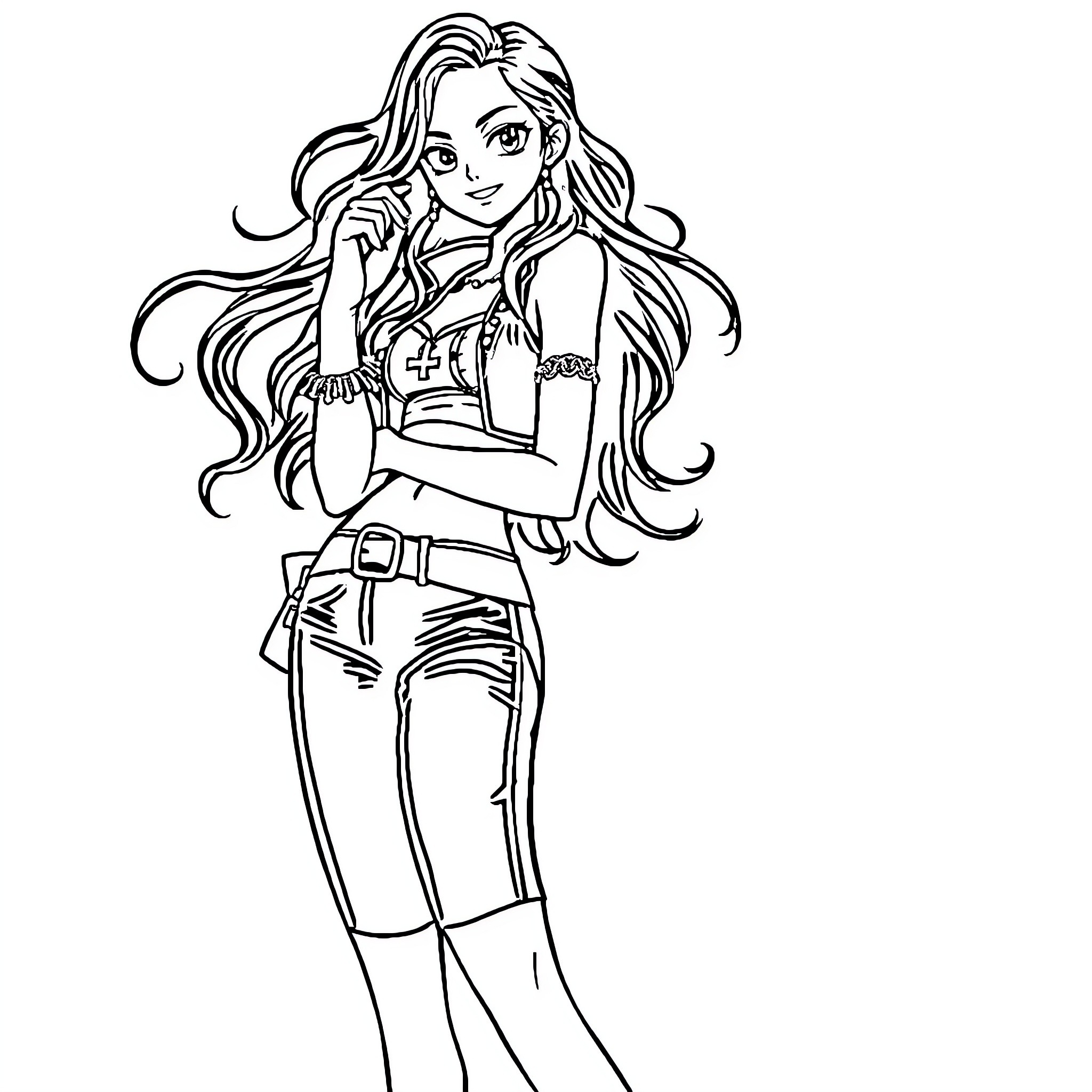 Nami the Adventurous Nurse with Long Flowing Hair Coloring Page (free black-and-white line drawing printable PDF for all, from beginners to advanced learners, including children, teens, adults, and seniors)