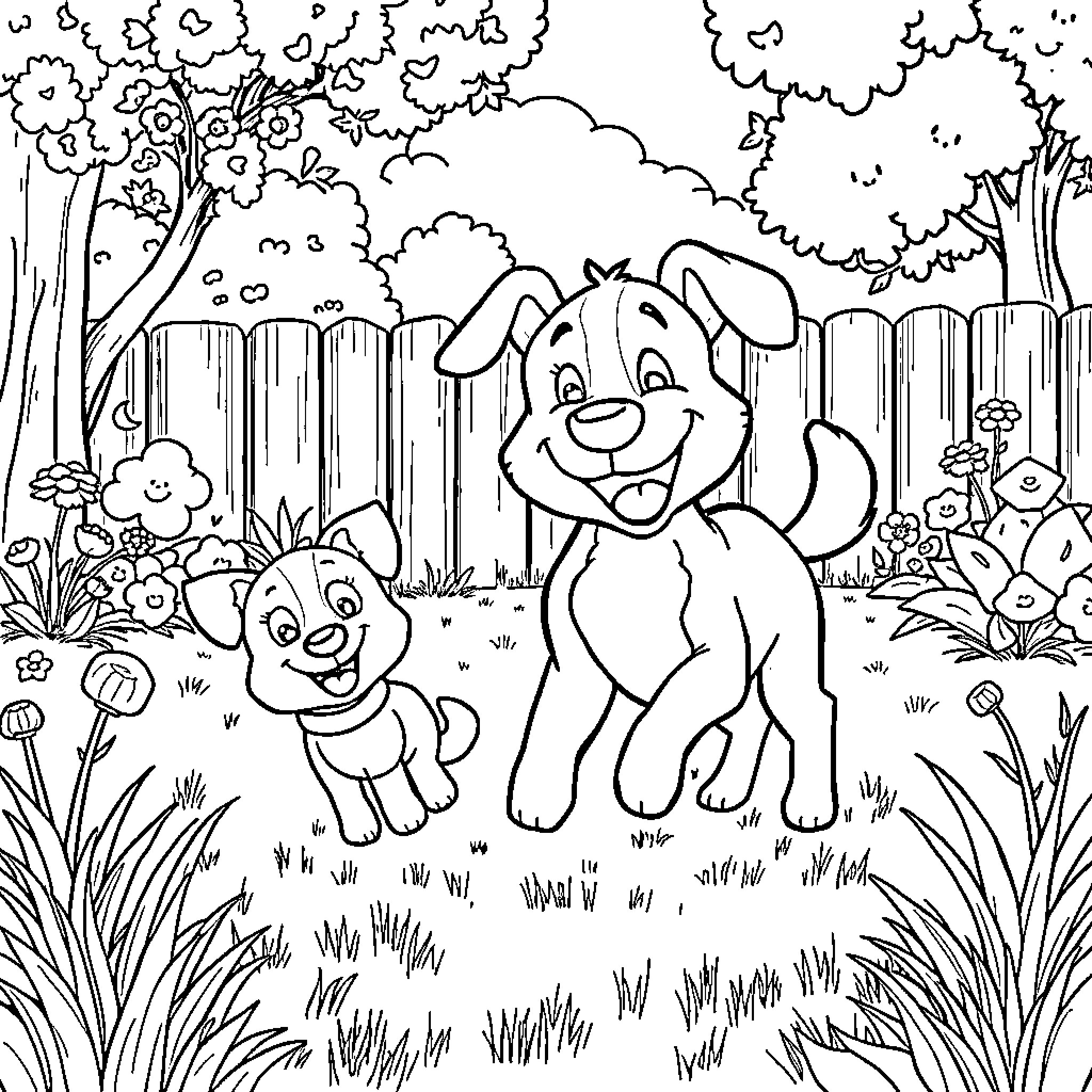 Bluey and Bingo's Playful Adventure in the Backyard Coloring Page (free black-and-white line drawing printable PDF for all, from beginners to advanced learners, including children, teens, adults, and seniors)