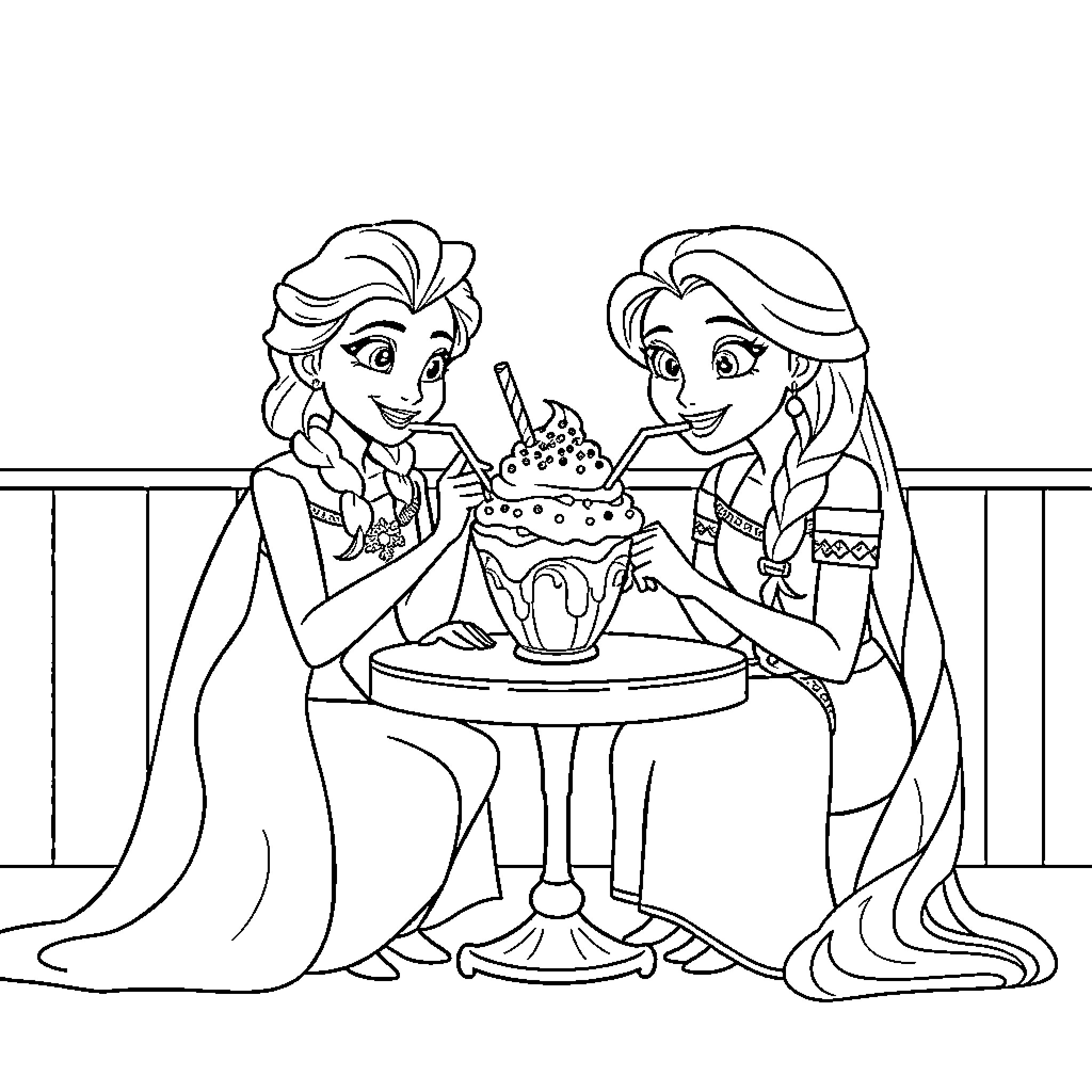 Elsa and Anna Enjoy a Dessert Treat Coloring Page (free black-and-white line drawing printable PDF for all, from beginners to advanced learners, including children, teens, adults, and seniors)