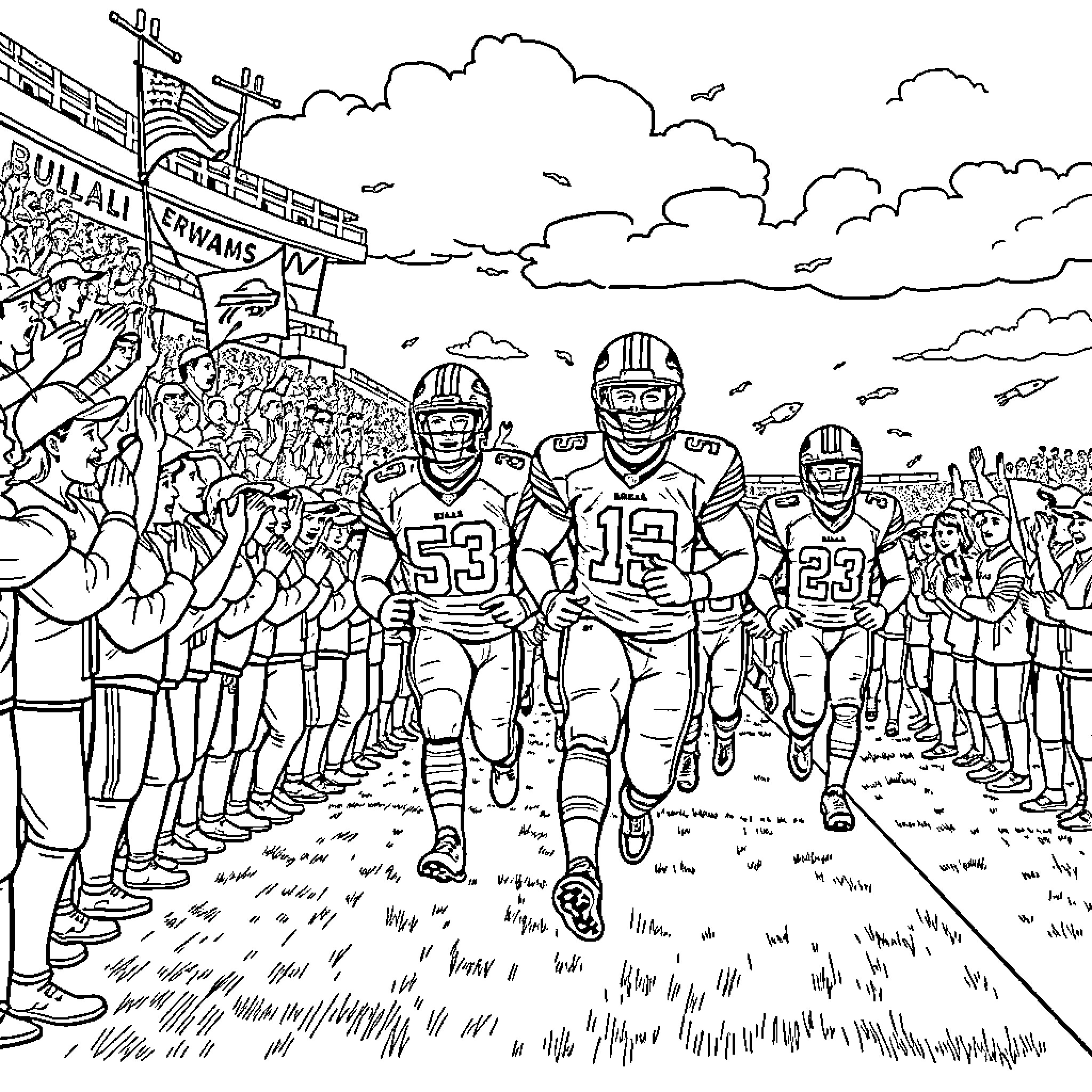 Buffalo Football Players Running onto the Field Coloring Page (free black-and-white line drawing printable PDF for all, from beginners to advanced learners, including children, teens, adults, and seniors)