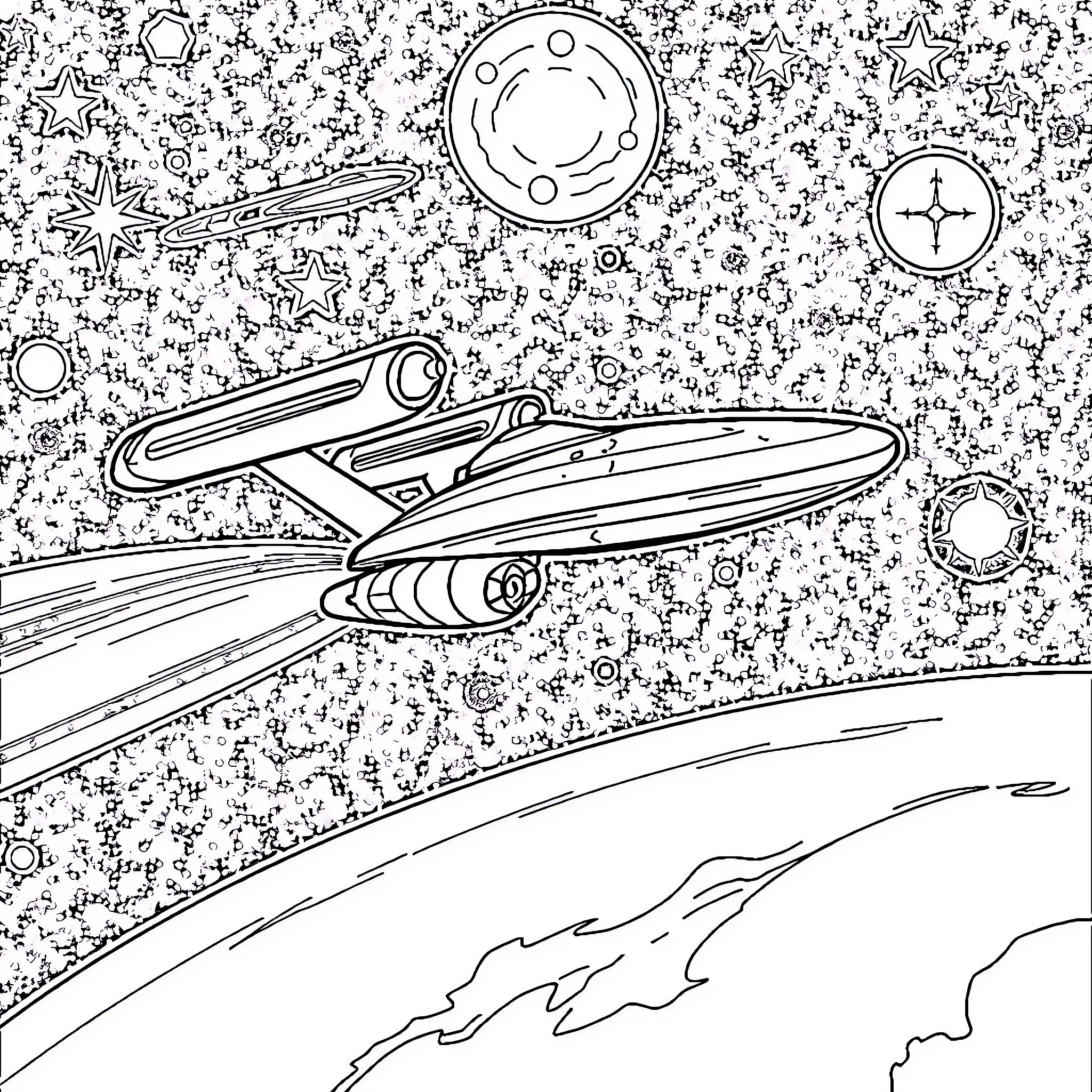 USS Enterprise exploring the vast cosmic landscape Coloring Page (free black-and-white line drawing printable PDF for all, from beginners to advanced learners, including children, teens, adults, and seniors)