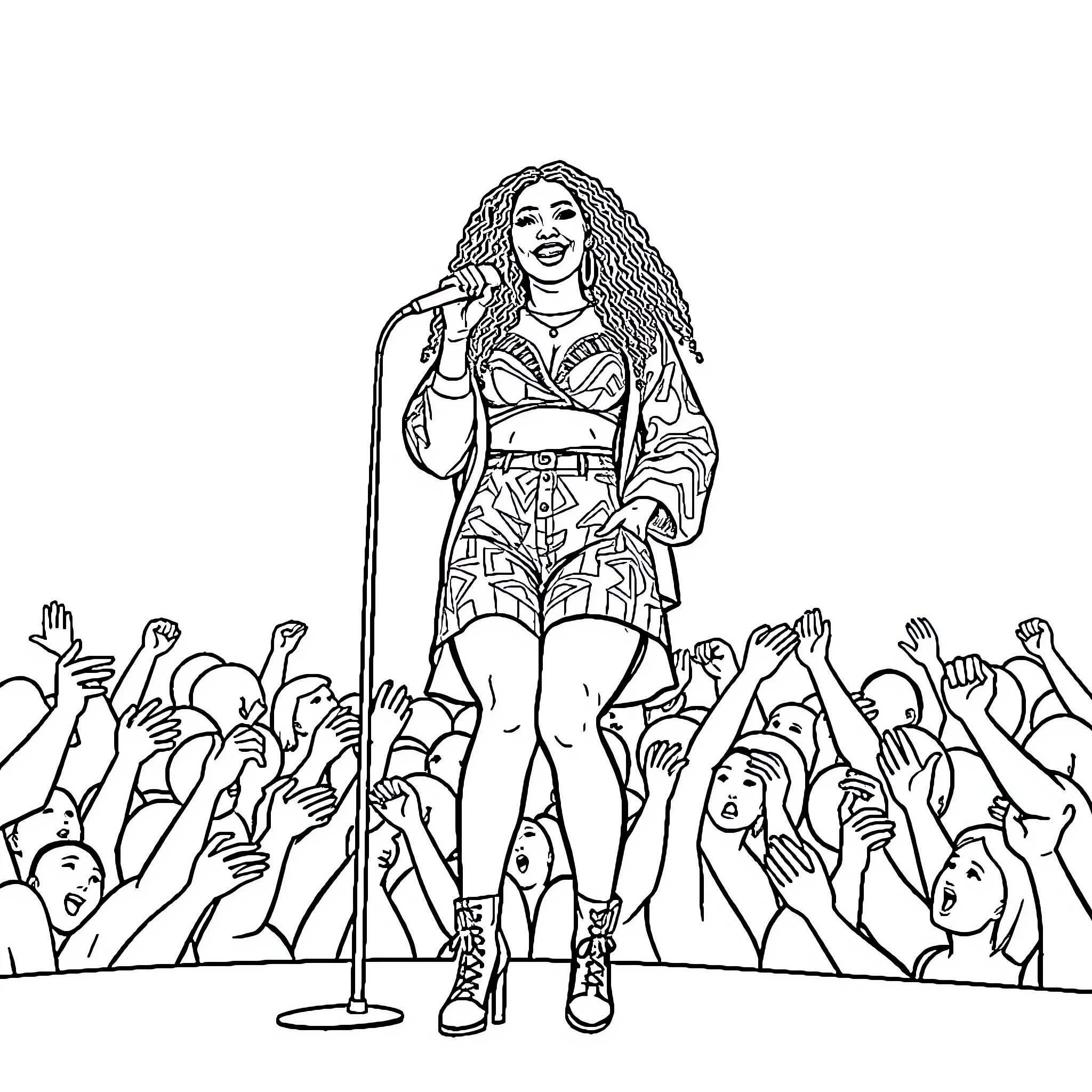 Cardi B performing on stage with adoring crowd Coloring Page (free black-and-white line drawing printable PDF for all, from beginners to advanced learners, including children, teens, adults, and seniors)