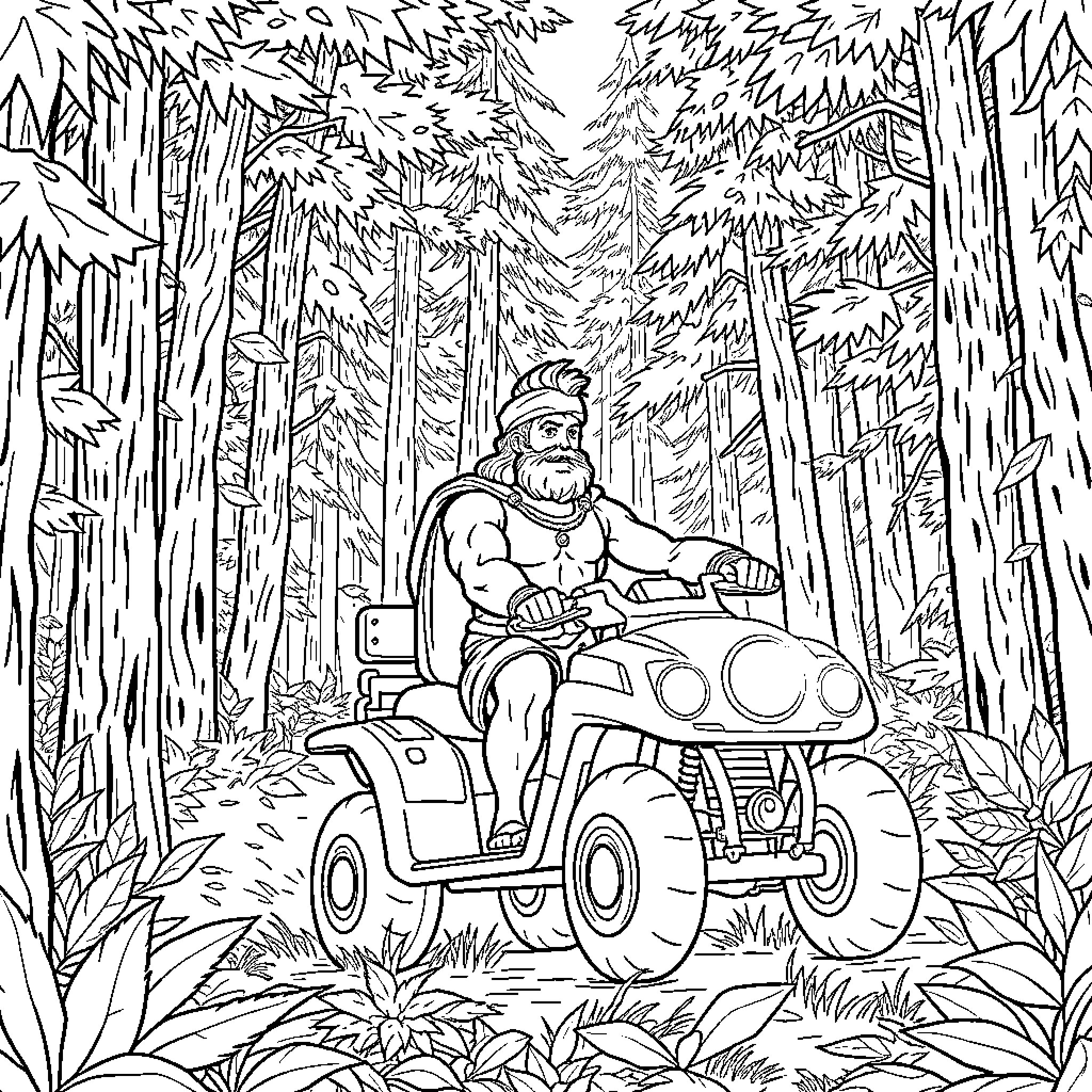 Hercules Traversing the Rugged Terrain on an All-Terrain Vehicle Coloring Page (free black-and-white line drawing printable PDF for all, from beginners to advanced learners, including children, teens, adults, and seniors)
