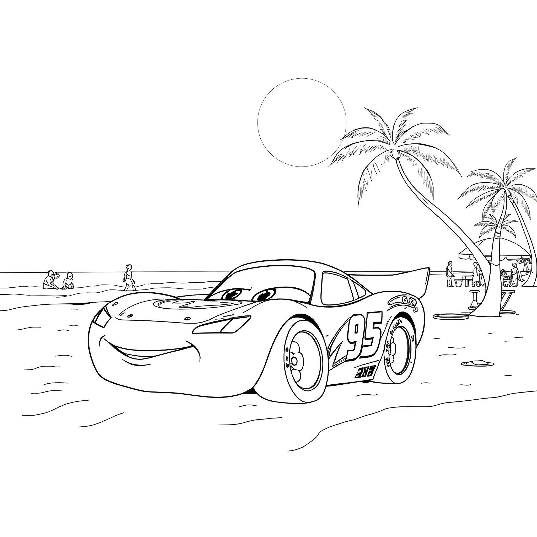 Lightning McQueen races on the tropical beach Coloring Page (free black-and-white line drawing printable PDF for all, from beginners to advanced learners, including children, teens, adults, and seniors)