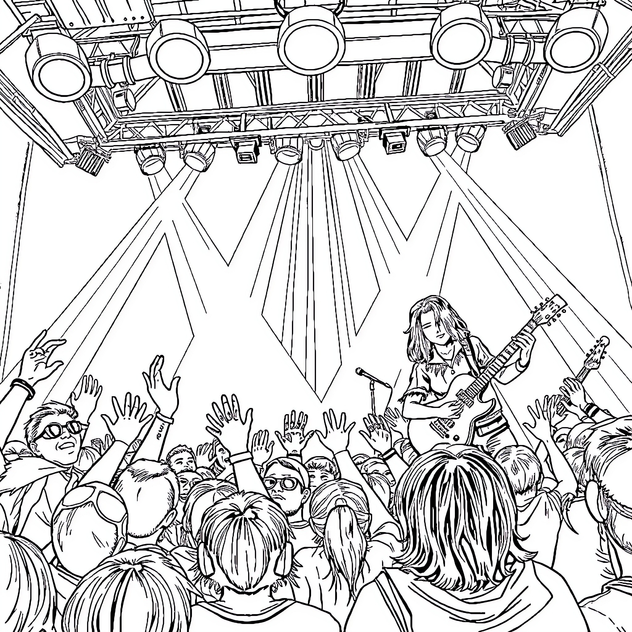 Coheed and Cambria performing for an enthusiastic crowd Coloring Page (free black-and-white line drawing printable PDF for all, from beginners to advanced learners, including children, teens, adults, and seniors)