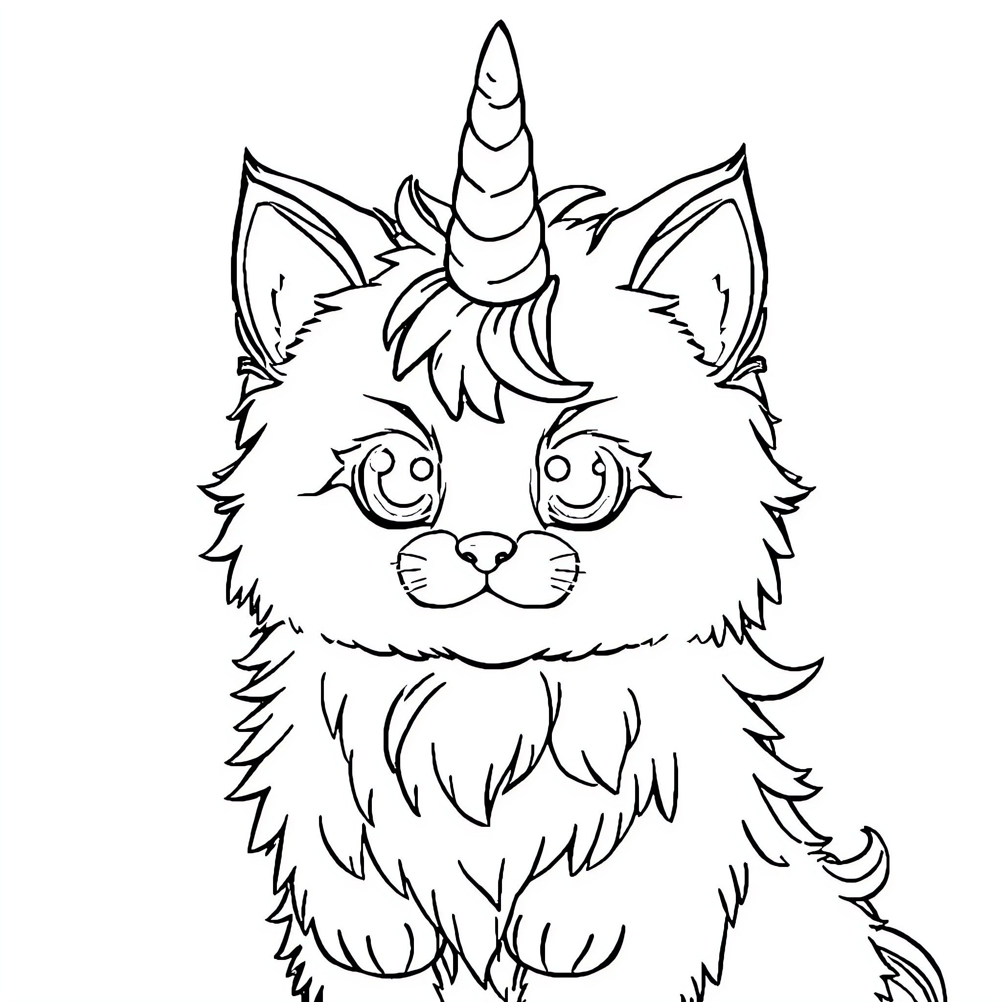 Unicorn Kitten with Magical Horn Coloring Page (free black-and-white line drawing printable PDF for all, from beginners to advanced learners, including children, teens, adults, and seniors)