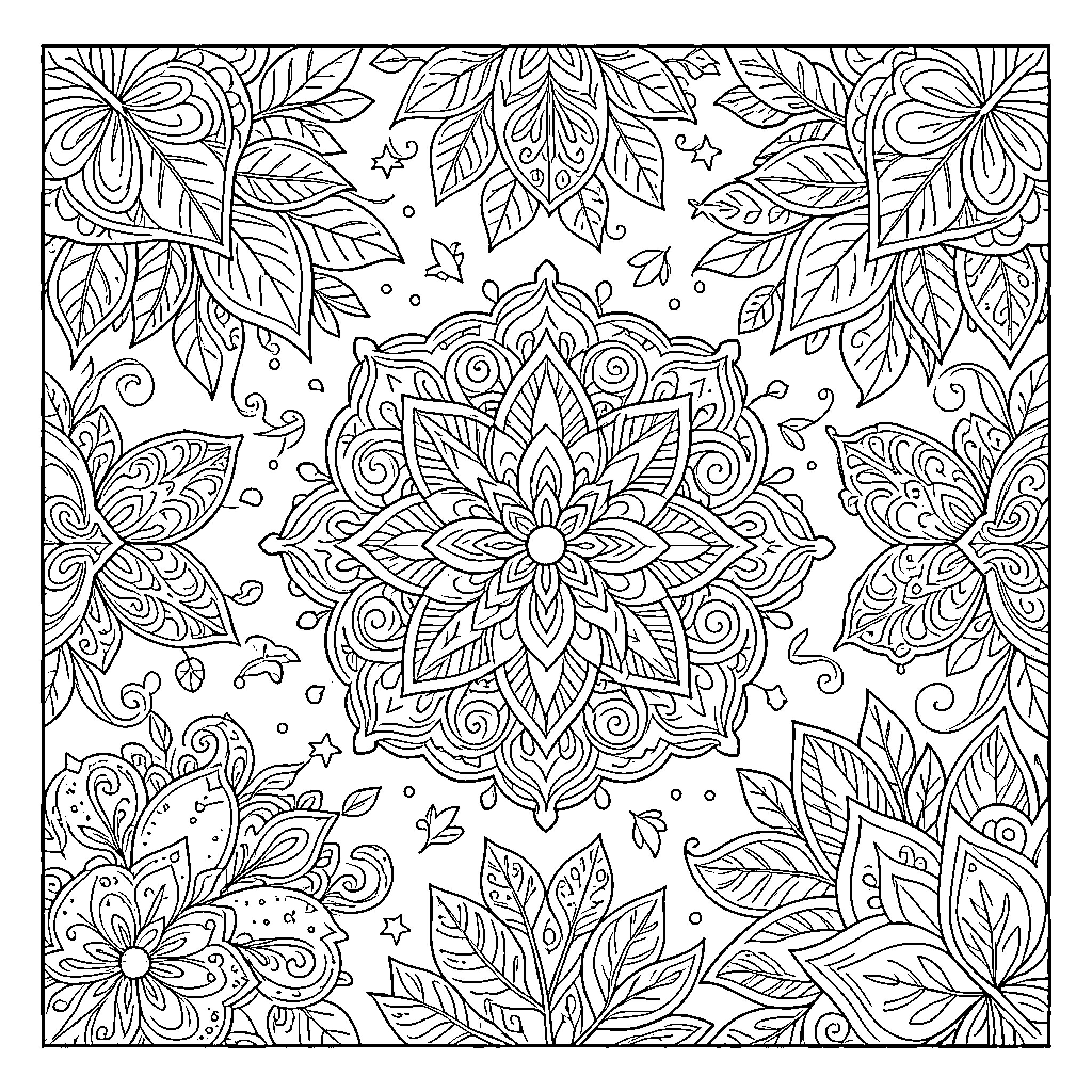 Pattern of Intricate Floral Designs and Shapes Coloring Page (free black-and-white line drawing printable PDF for all, from beginners to advanced learners, including children, teens, adults, and seniors)
