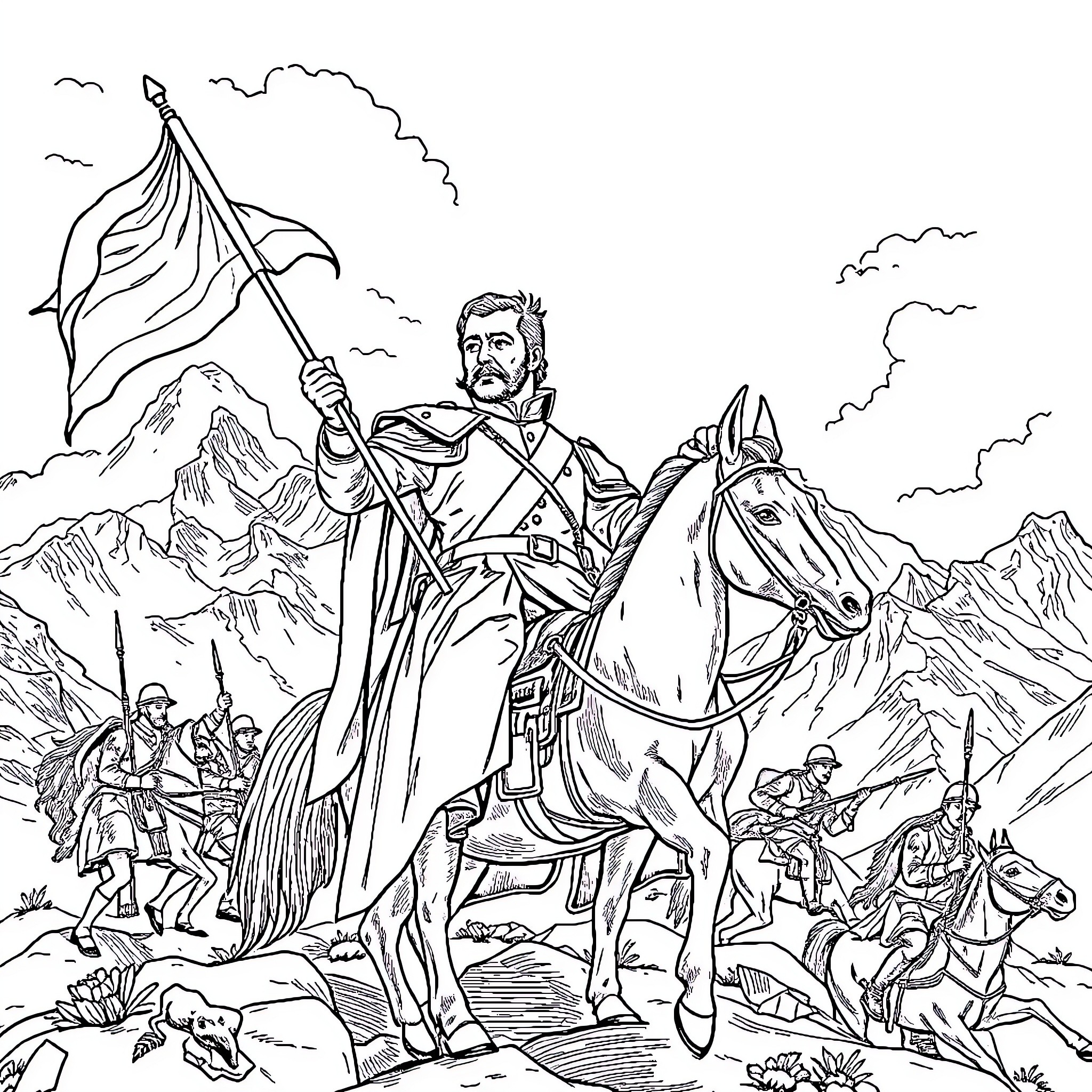 Jose de San Martin leading soldiers in battle Coloring Page (free black-and-white line drawing printable PDF for all, from beginners to advanced learners, including children, teens, adults, and seniors)
