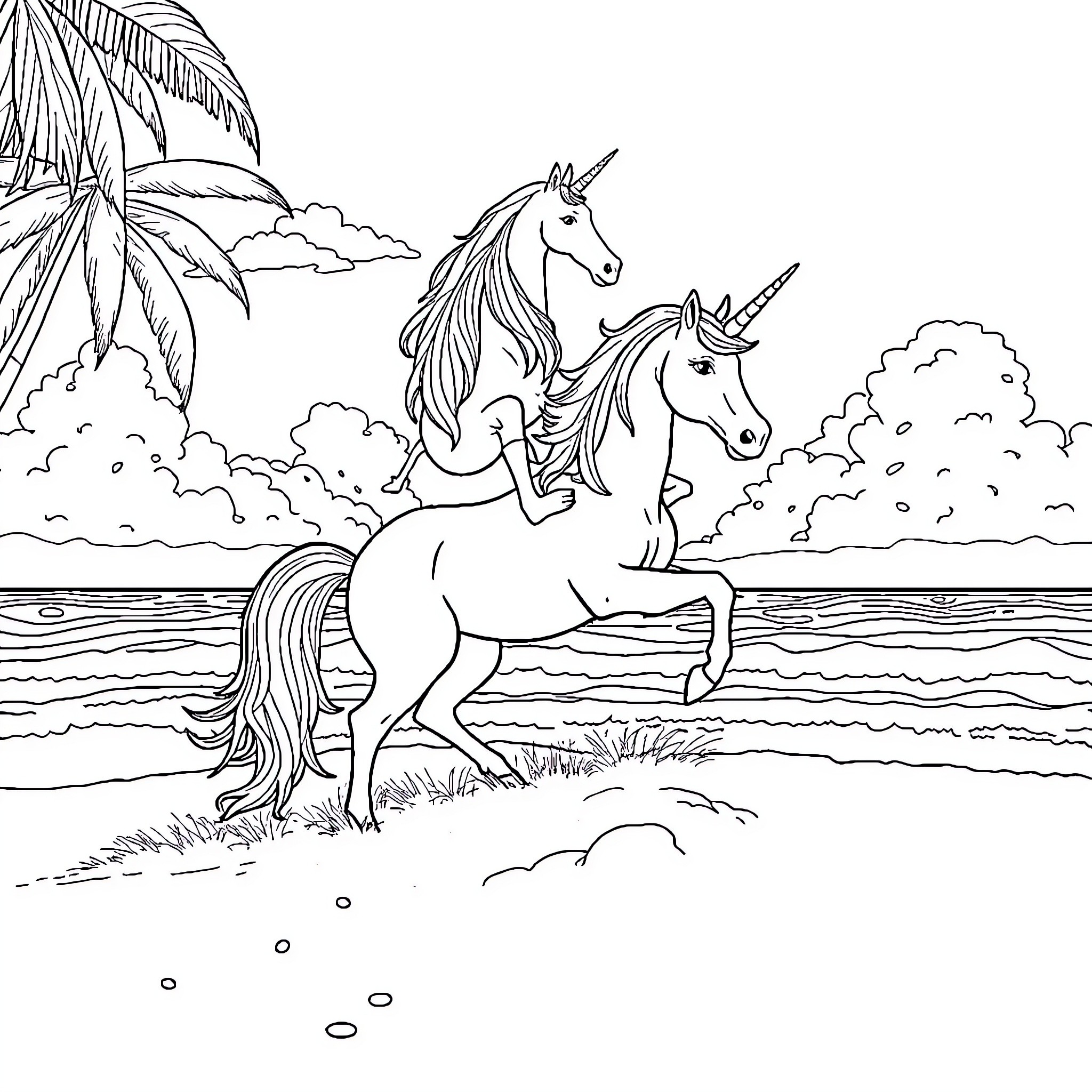 Capybara unicorns galloping through tropical landscape Coloring Page (free black-and-white line drawing printable PDF for all, from beginners to advanced learners, including children, teens, adults, and seniors)