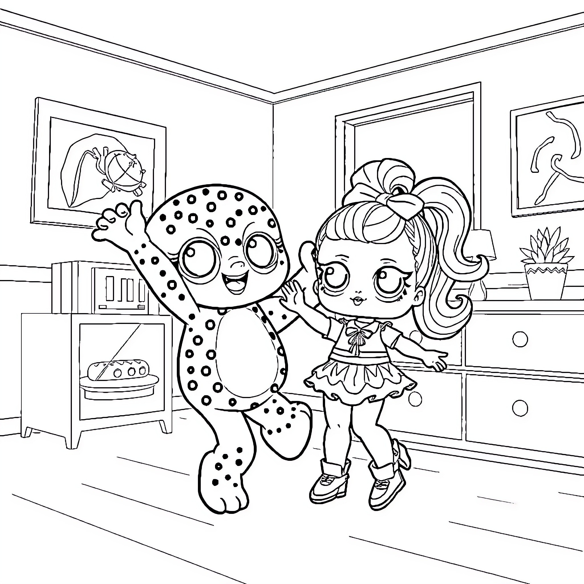Labubu and friend explore a cozy room Coloring Page (free black-and-white line drawing printable PDF for all, from beginners to advanced learners, including children, teens, adults, and seniors)