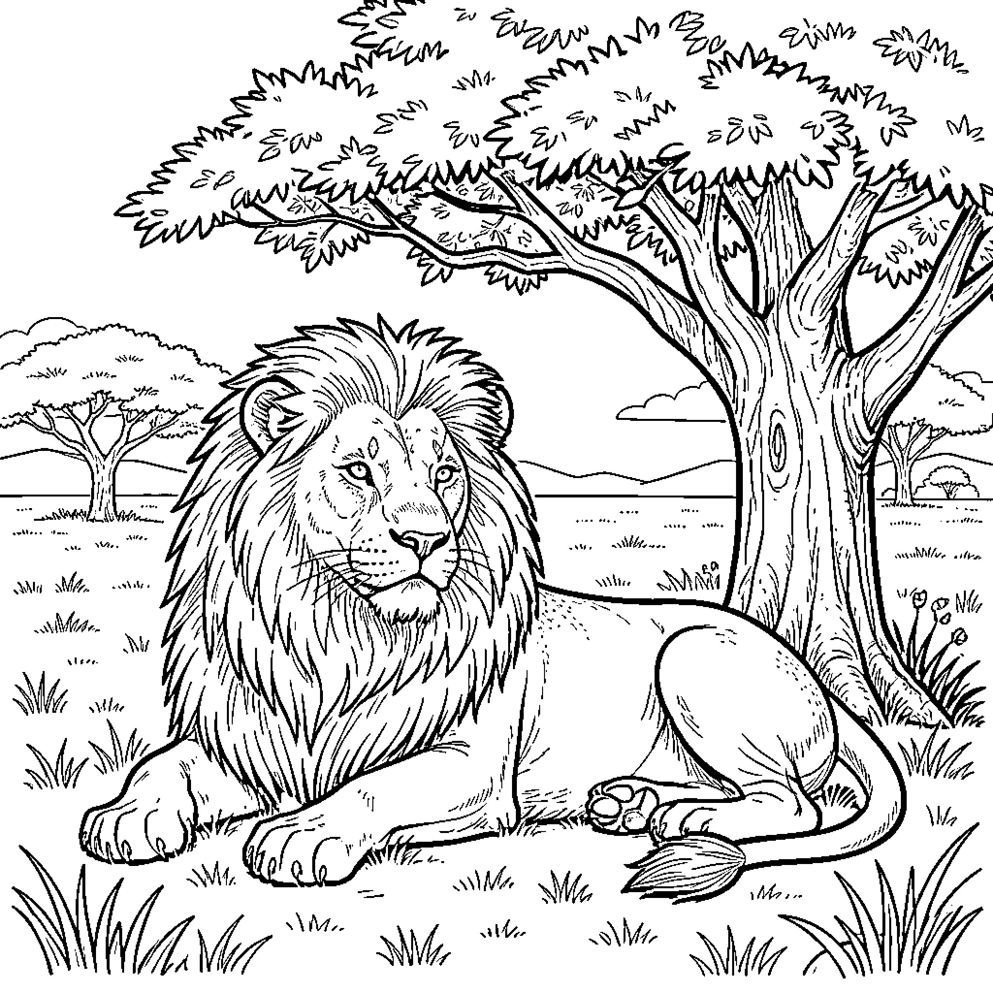 Lion resting peacefully in the African savanna Coloring Page (free black-and-white line drawing printable PDF for all, from beginners to advanced learners, including children, teens, adults, and seniors)