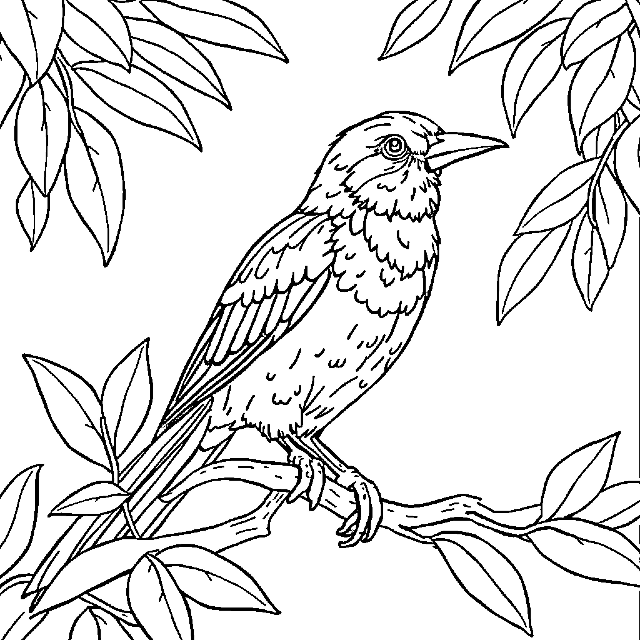 Bird perched amidst lush foliage Coloring Page (free black-and-white line drawing printable PDF for all, from beginners to advanced learners, including children, teens, adults, and seniors)
