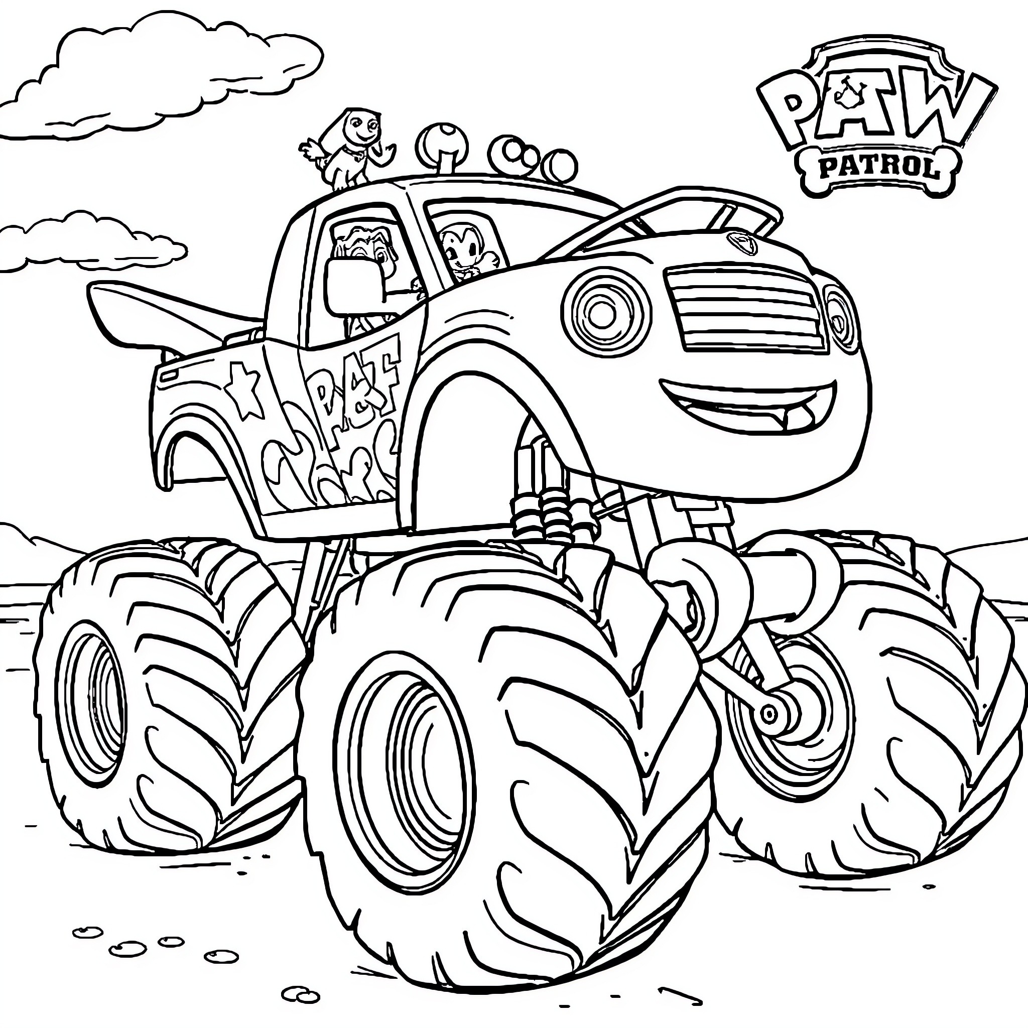 Monster Truck Performing Stunts in the Outdoors Coloring Page (free black-and-white line drawing printable PDF for all, from beginners to advanced learners, including children, teens, adults, and seniors)