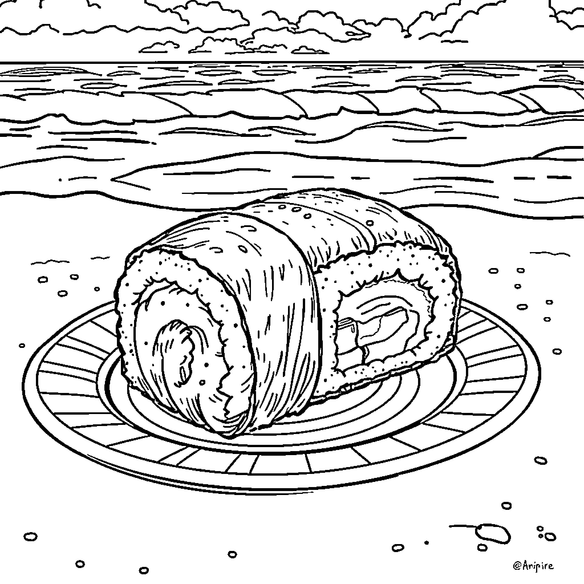 Spam Musubi served on the beach Coloring Page (free black-and-white line drawing printable PDF for all, from beginners to advanced learners, including children, teens, adults, and seniors)