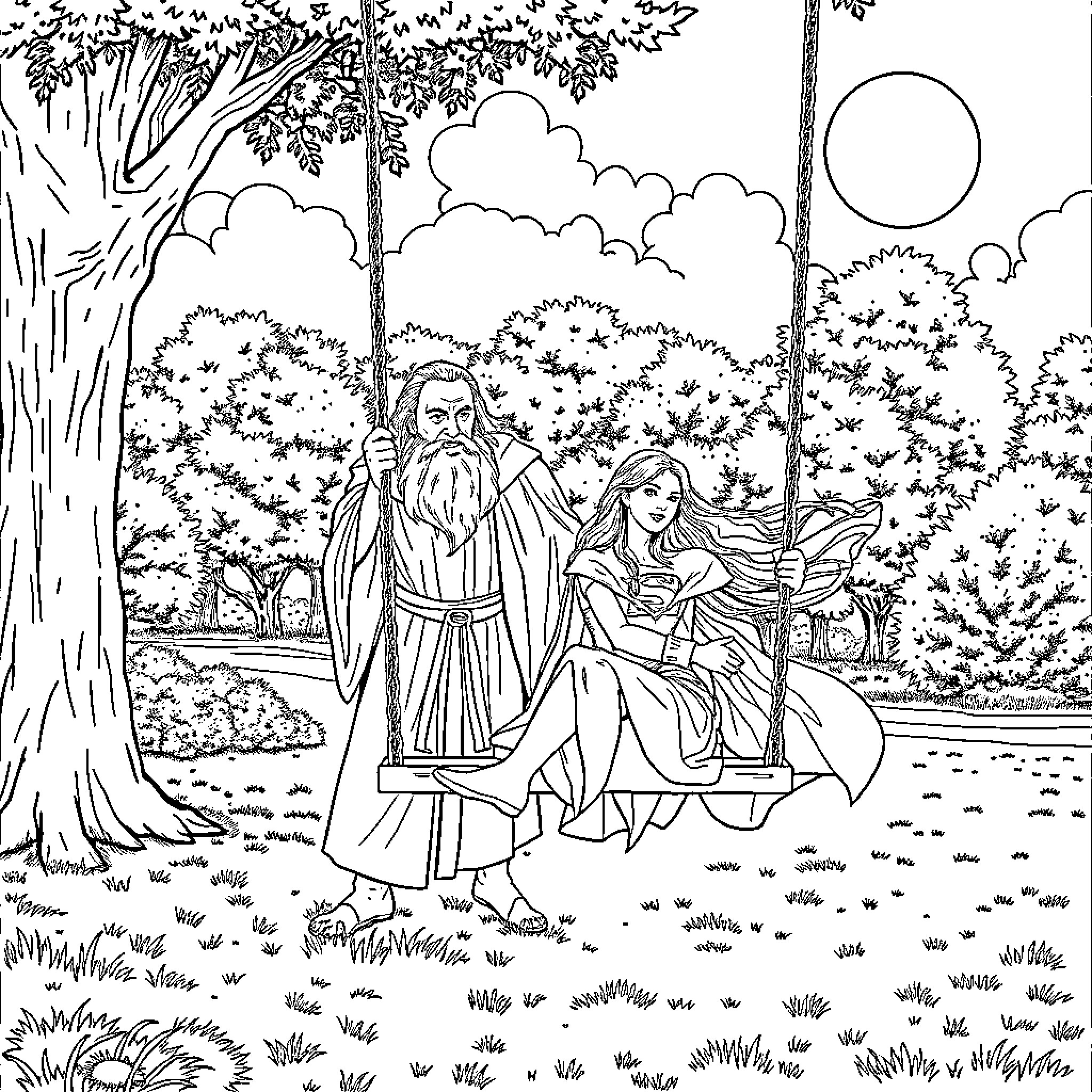 Gandalf guiding adventurous companions through enchanted forest Coloring Page (free black-and-white line drawing printable PDF for all, from beginners to advanced learners, including children, teens, adults, and seniors)