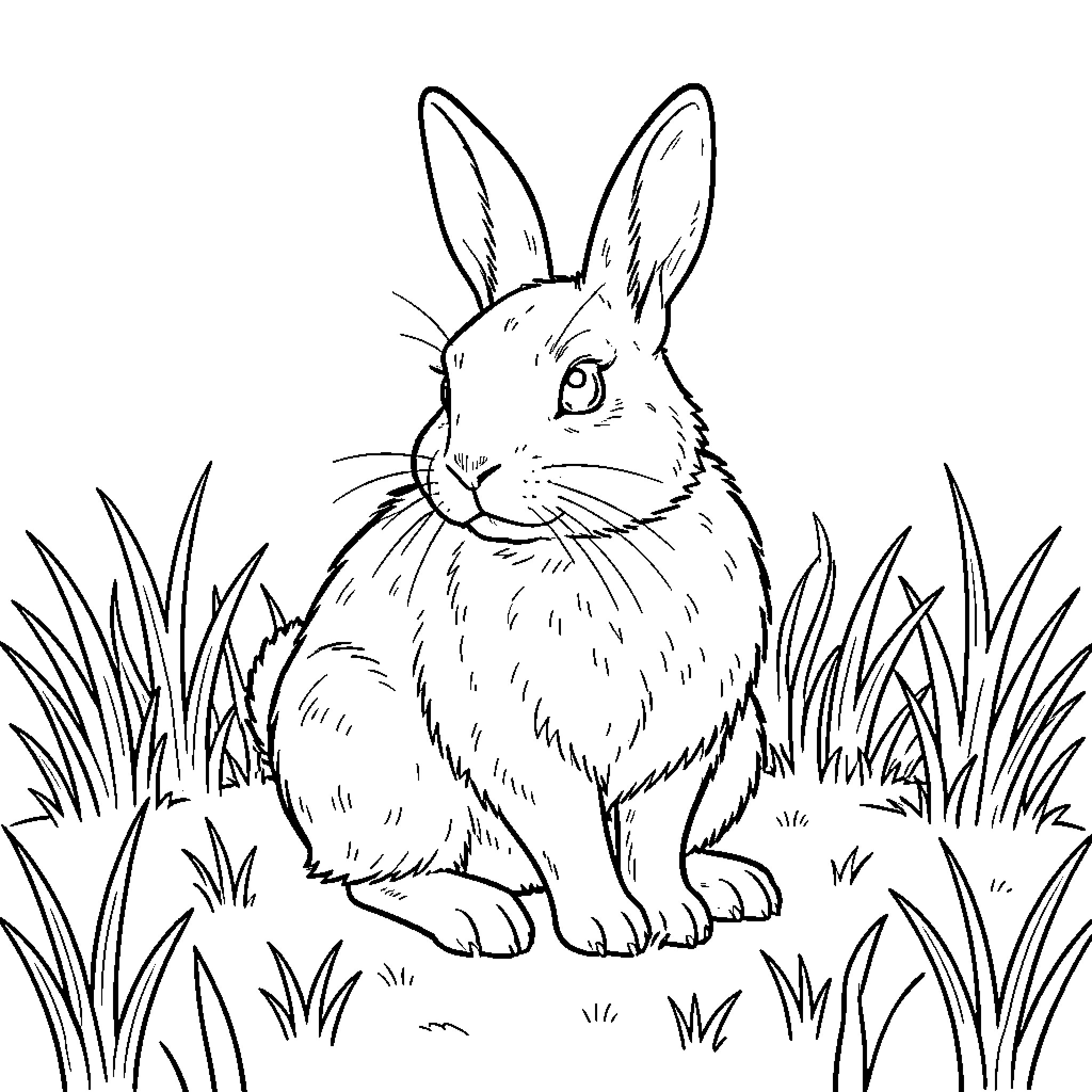 Rabbit sitting calmly amidst tall blades of grass Coloring Page (free black-and-white line drawing printable PDF for all, from beginners to advanced learners, including children, teens, adults, and seniors)