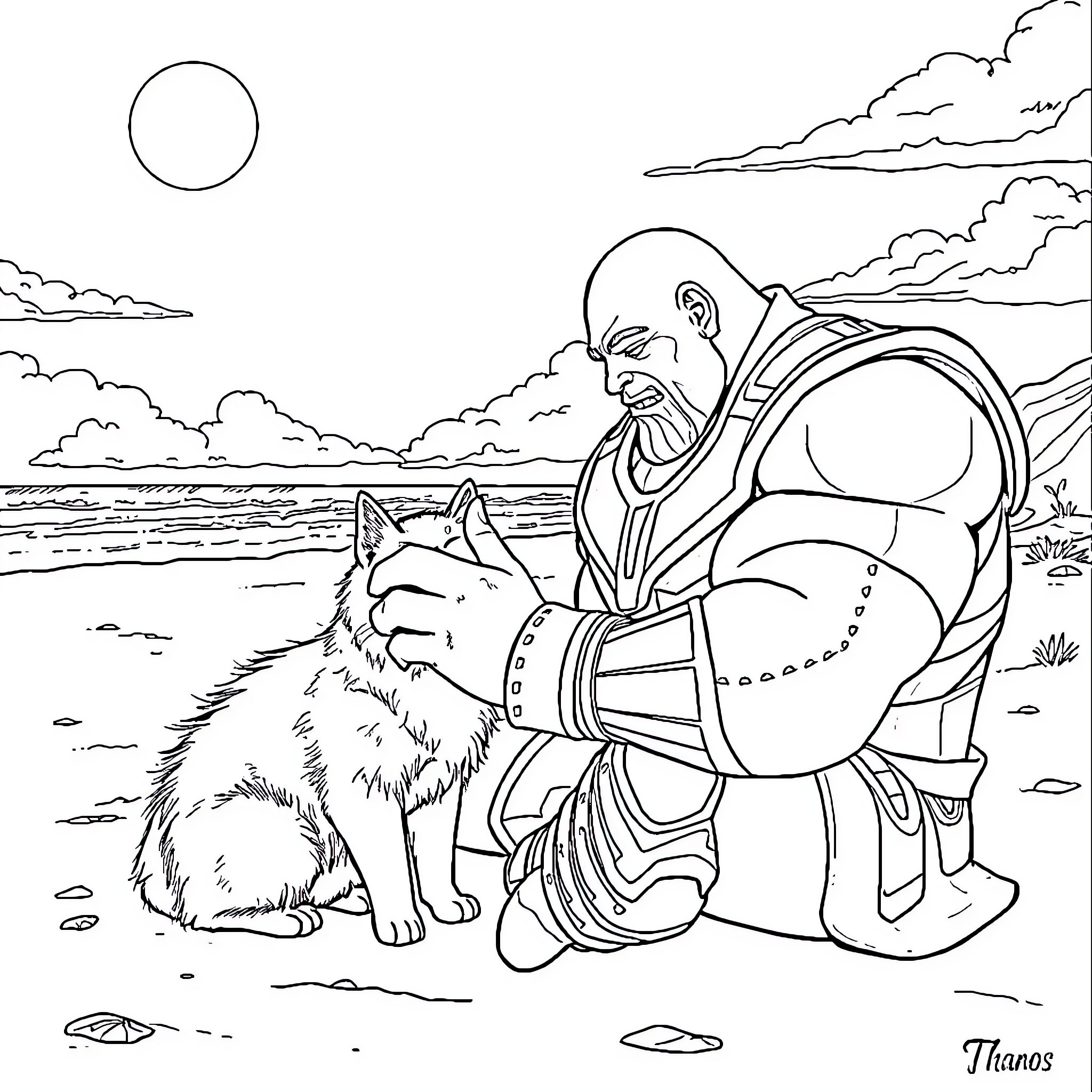 Thanos interacting with a wolf by the shore Coloring Page (free black-and-white line drawing printable PDF for all, from beginners to advanced learners, including children, teens, adults, and seniors)