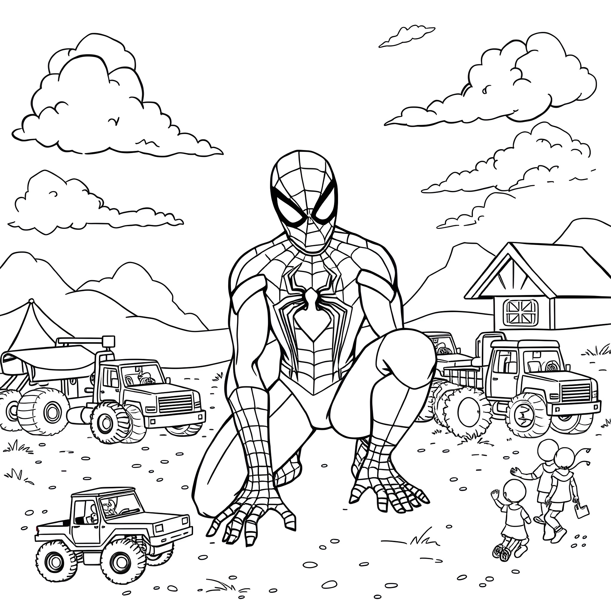 Spiderman helping workers and vehicles in the countryside Coloring Page (free black-and-white line drawing printable PDF for all, from beginners to advanced learners, including children, teens, adults, and seniors)