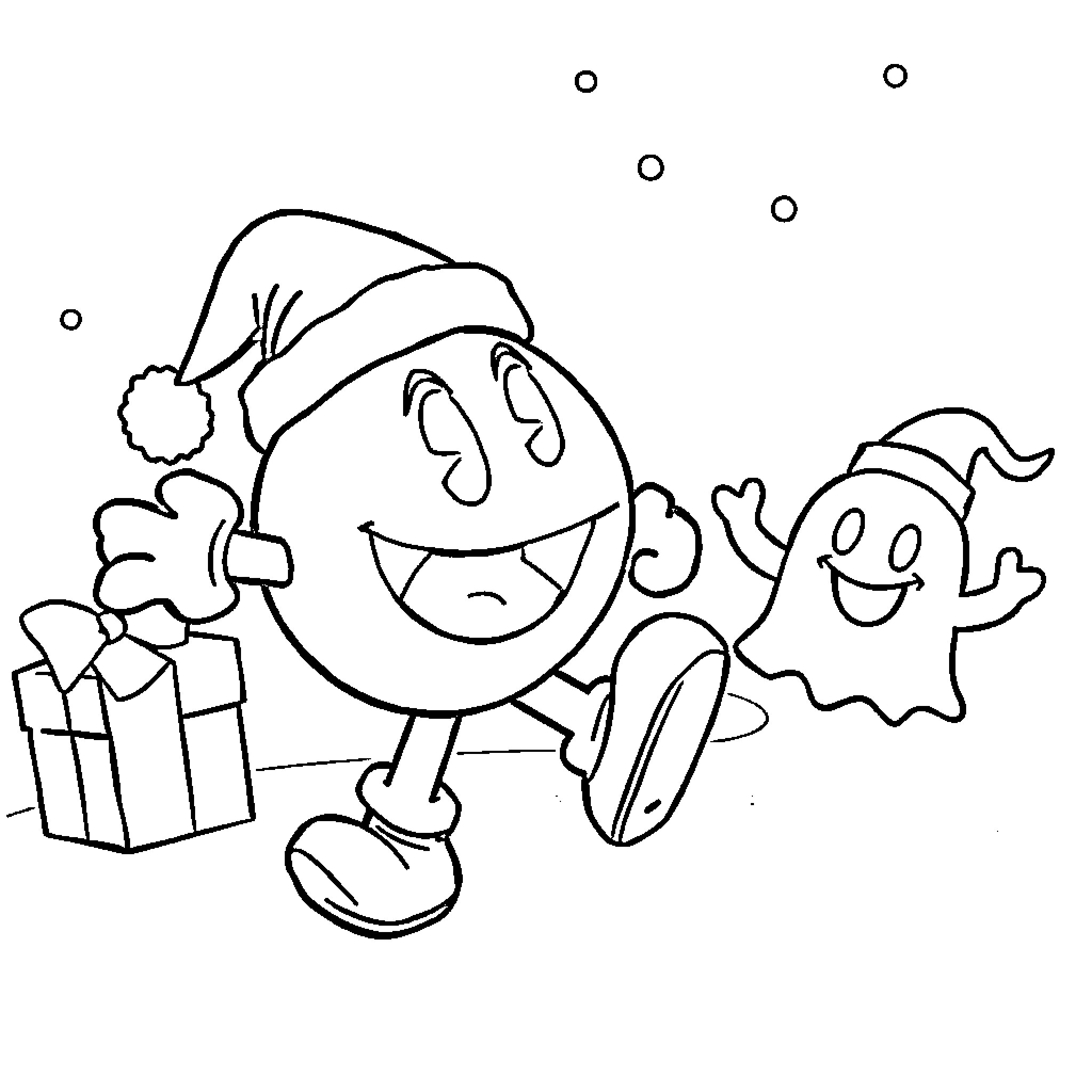 Pacman characters celebrating holiday with gift and ghost Coloring Page (free black-and-white line drawing printable PDF for all, from beginners to advanced learners, including children, teens, adults, and seniors)