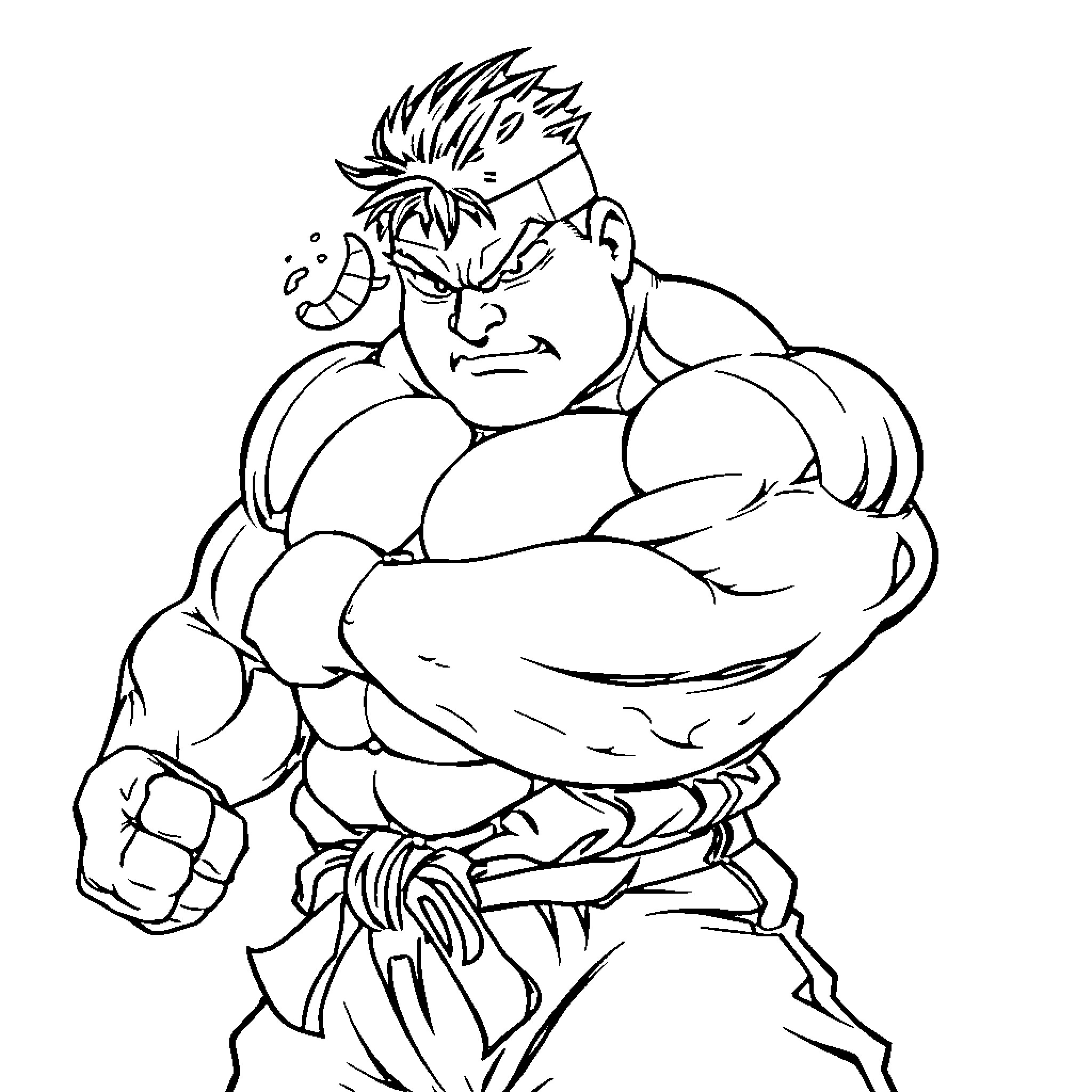 E. Honda Flexing Powerful Muscles Coloring Page (free black-and-white line drawing printable PDF for all, from beginners to advanced learners, including children, teens, adults, and seniors)