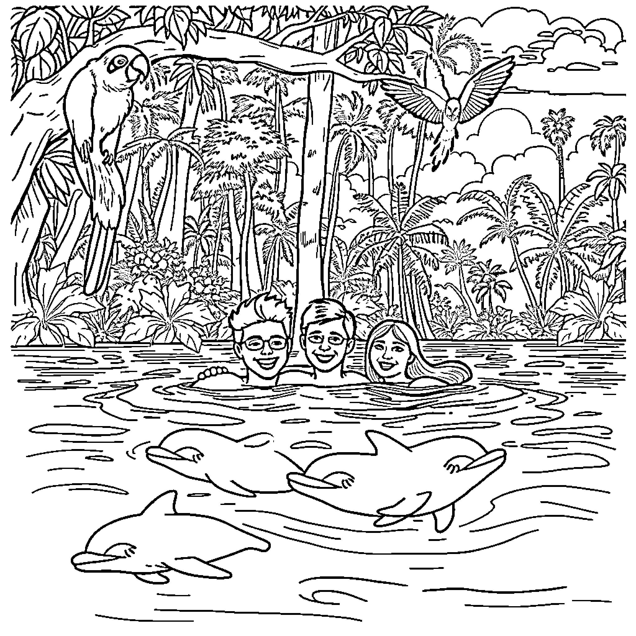 Couple enjoying tropical vacation in the water Coloring Page (free black-and-white line drawing printable PDF for all, from beginners to advanced learners, including children, teens, adults, and seniors)
