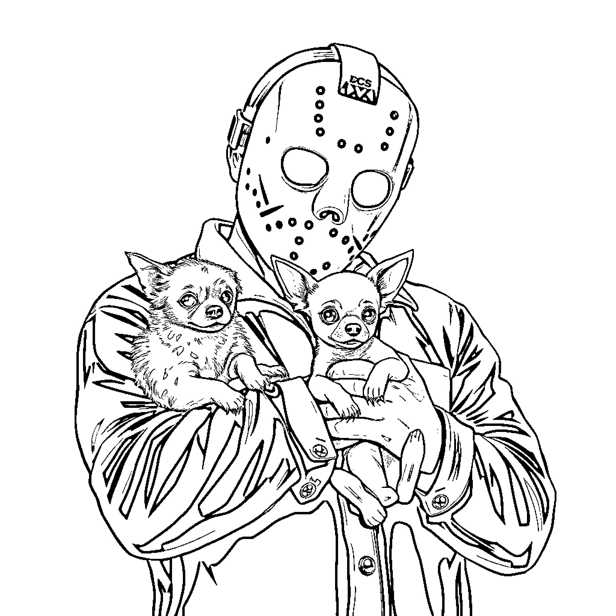 Jason Voorhees holding two chihuahuas in the dark Coloring Page (free black-and-white line drawing printable PDF for all, from beginners to advanced learners, including children, teens, adults, and seniors)