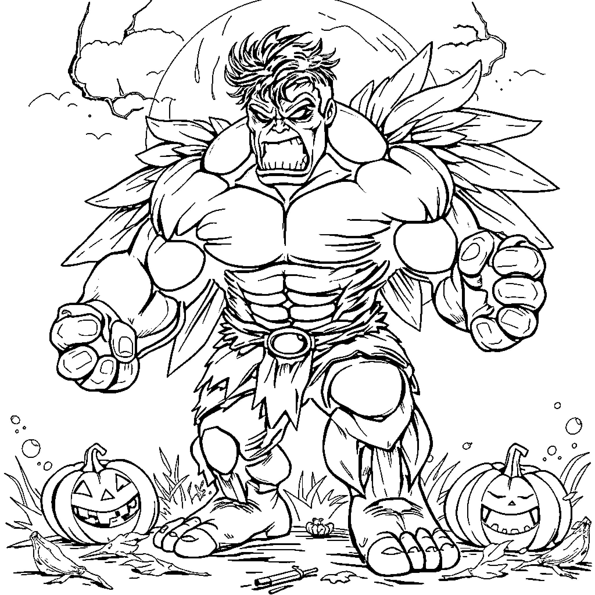 Hulk smashing pumpkins in an autumn landscape Coloring Page (free black-and-white line drawing printable PDF for all, from beginners to advanced learners, including children, teens, adults, and seniors)