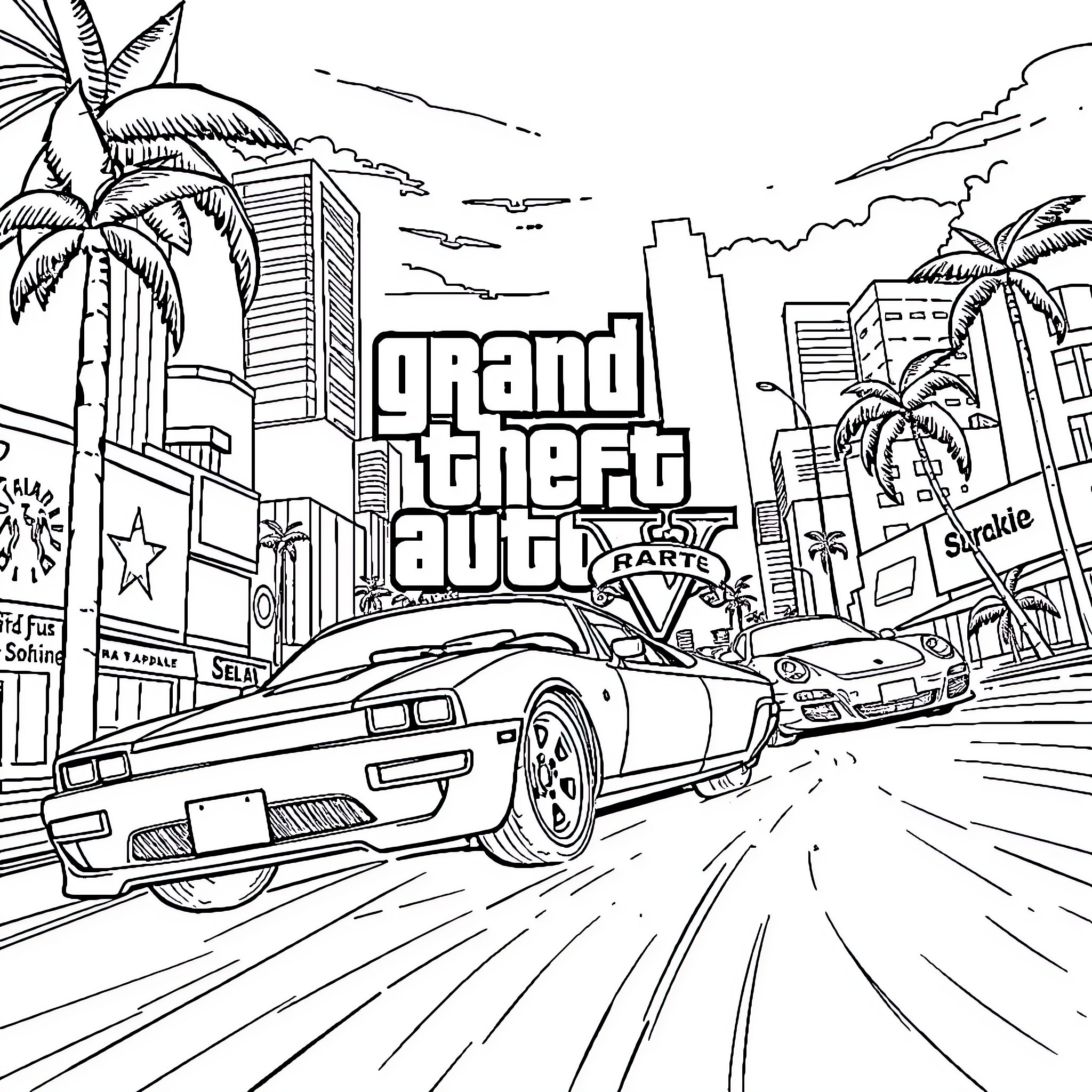 Grand Theft Auto: High-Speed Pursuit in the City Coloring Page (free black-and-white line drawing printable PDF for all, from beginners to advanced learners, including children, teens, adults, and seniors)