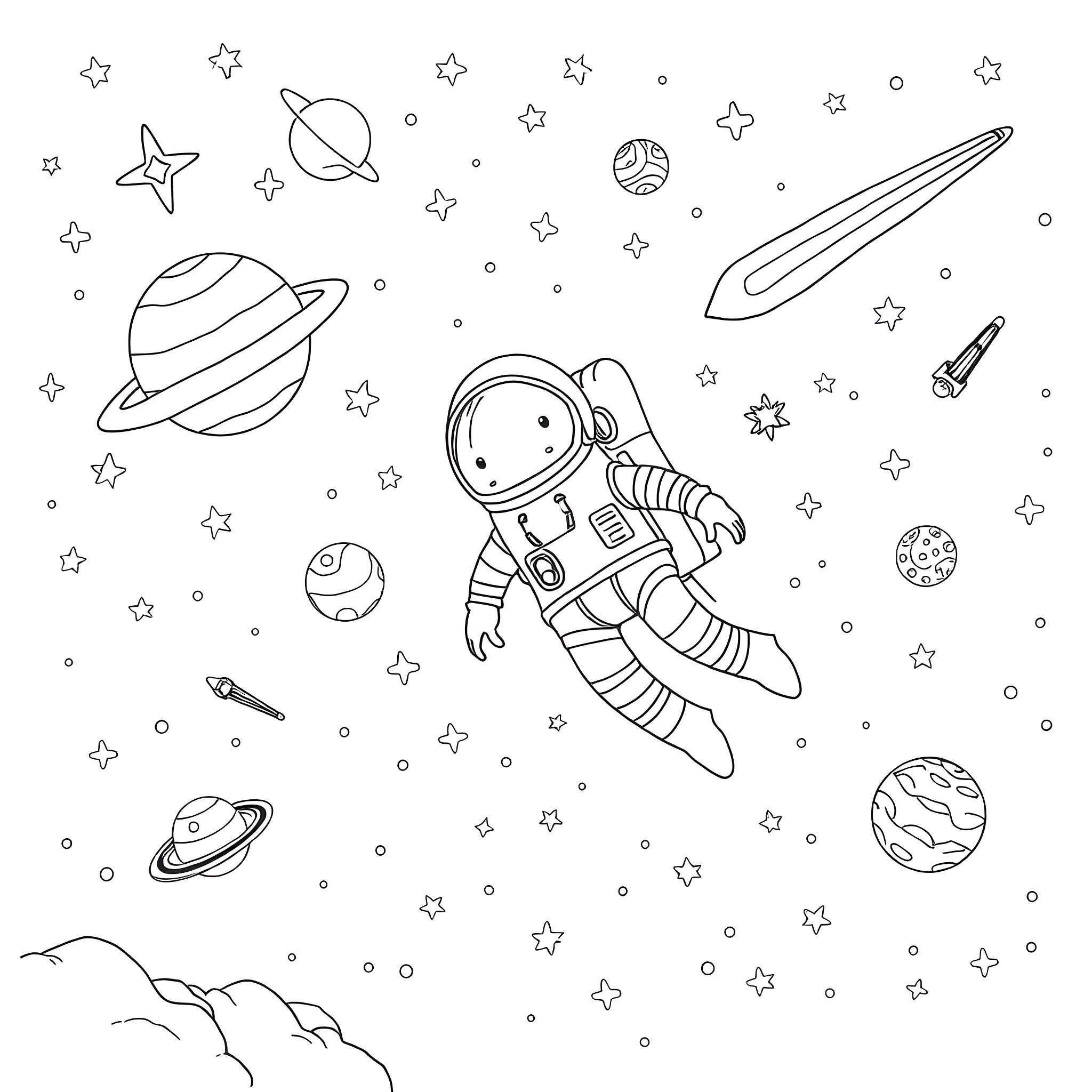 Dill's Cosmic Adventure Coloring Page (free black-and-white line drawing printable PDF for all, from beginners to advanced learners, including children, teens, adults, and seniors)