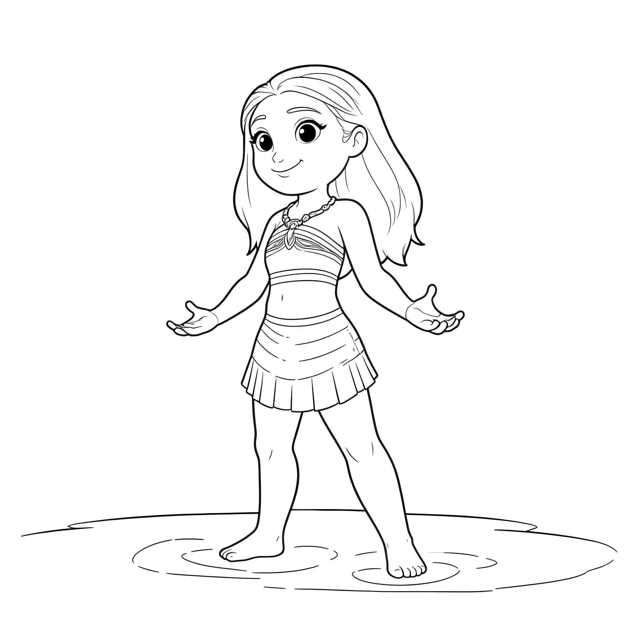 Moana exploring the tropical waters Coloring Page (free black-and-white line drawing printable PDF for all, from beginners to advanced learners, including children, teens, adults, and seniors)