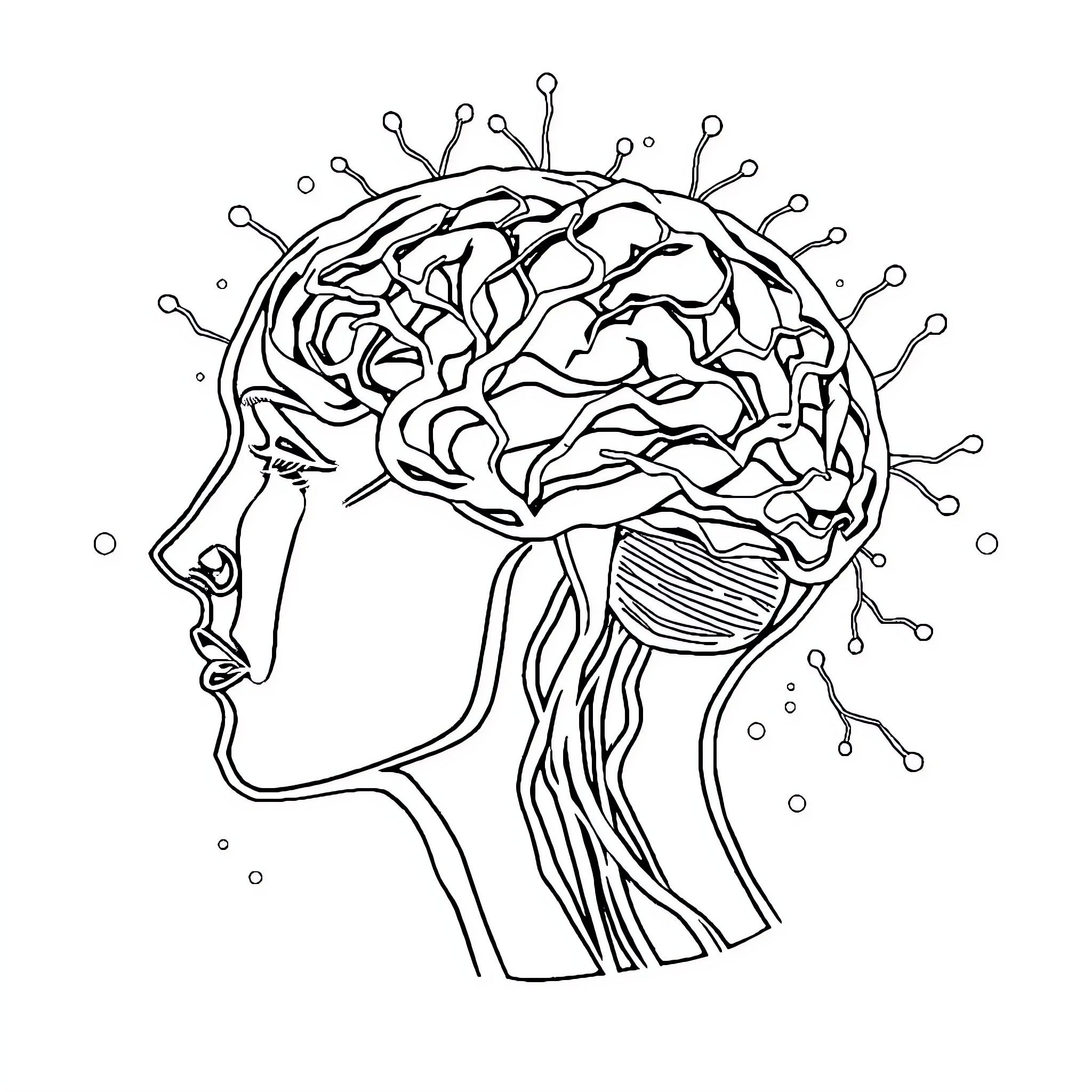 Nervous System Exploring the Mind's Pathways Coloring Page (free black-and-white line drawing printable PDF for all, from beginners to advanced learners, including children, teens, adults, and seniors)