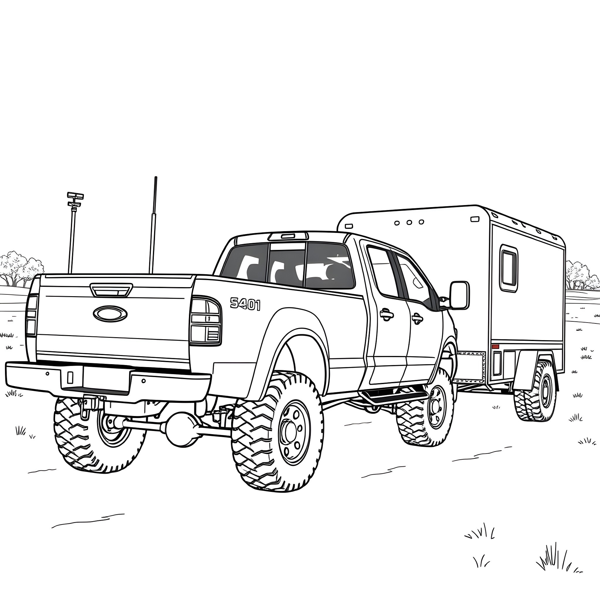 Pickup truck with off-road accessories on the trail Coloring Page (free black-and-white line drawing printable PDF for all, from beginners to advanced learners, including children, teens, adults, and seniors)