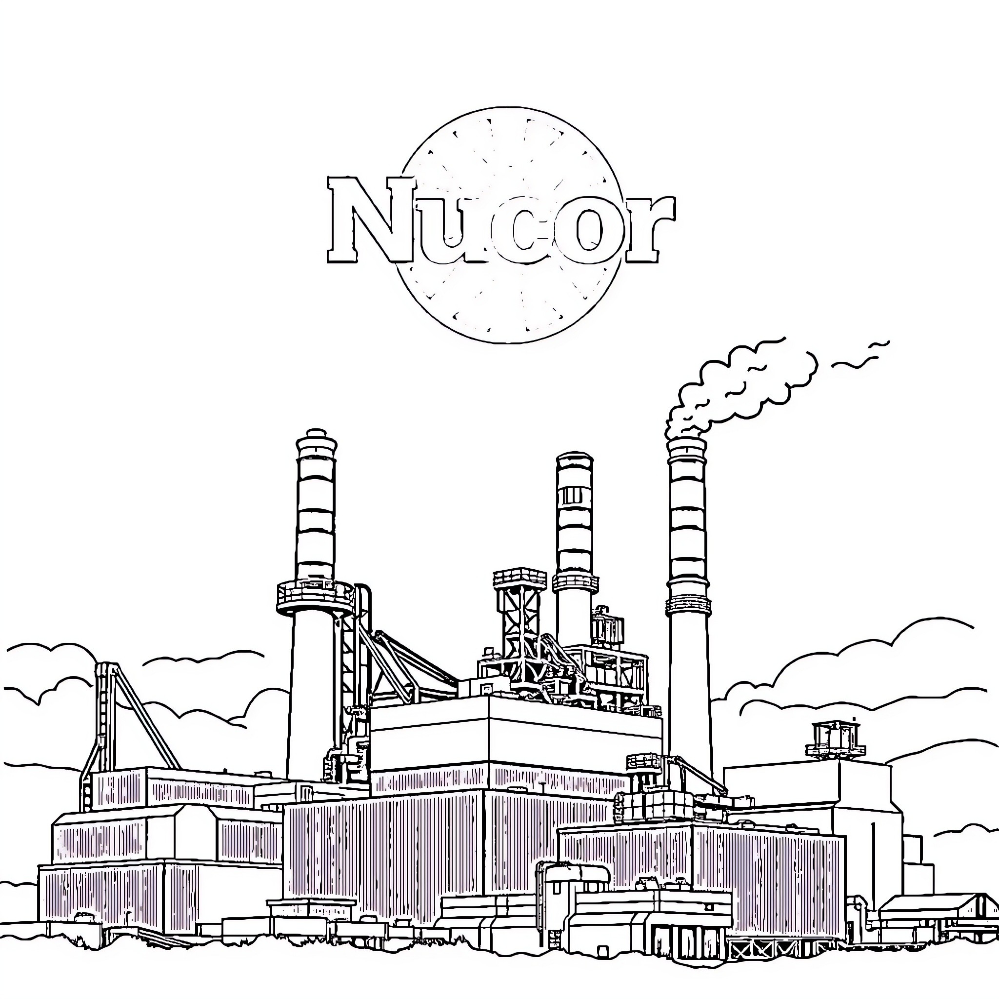 Nucor Steel Mill with Smokestacks in Operation Coloring Page (free black-and-white line drawing printable PDF for all, from beginners to advanced learners, including children, teens, adults, and seniors)