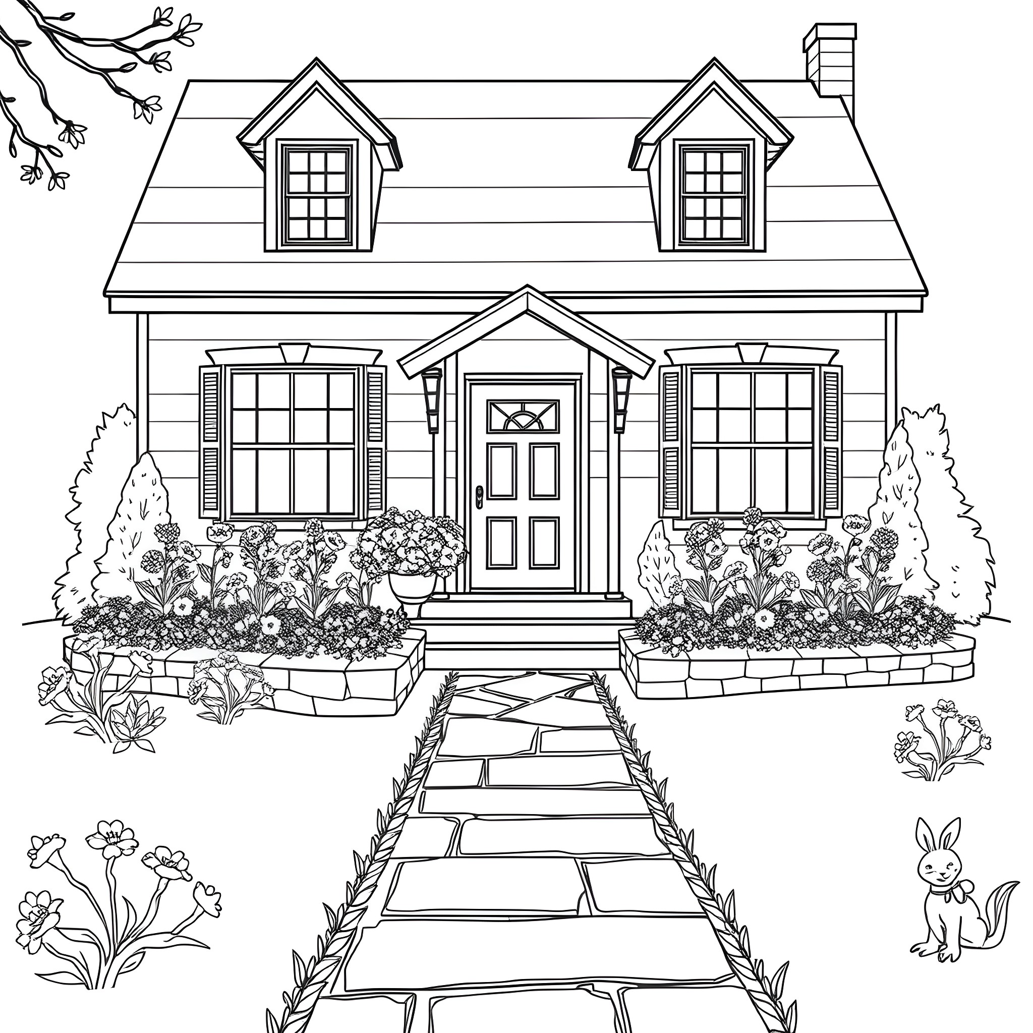 House with a Welcoming Pathway and Flowering Garden Coloring Page (free black-and-white line drawing printable PDF for all, from beginners to advanced learners, including children, teens, adults, and seniors)