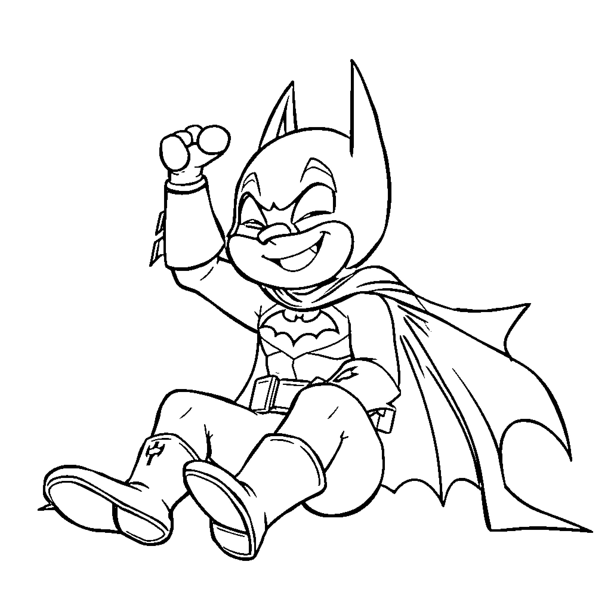 Batman cheerfully raising his fist in the air Coloring Page (free black-and-white line drawing printable PDF for all, from beginners to advanced learners, including children, teens, adults, and seniors)