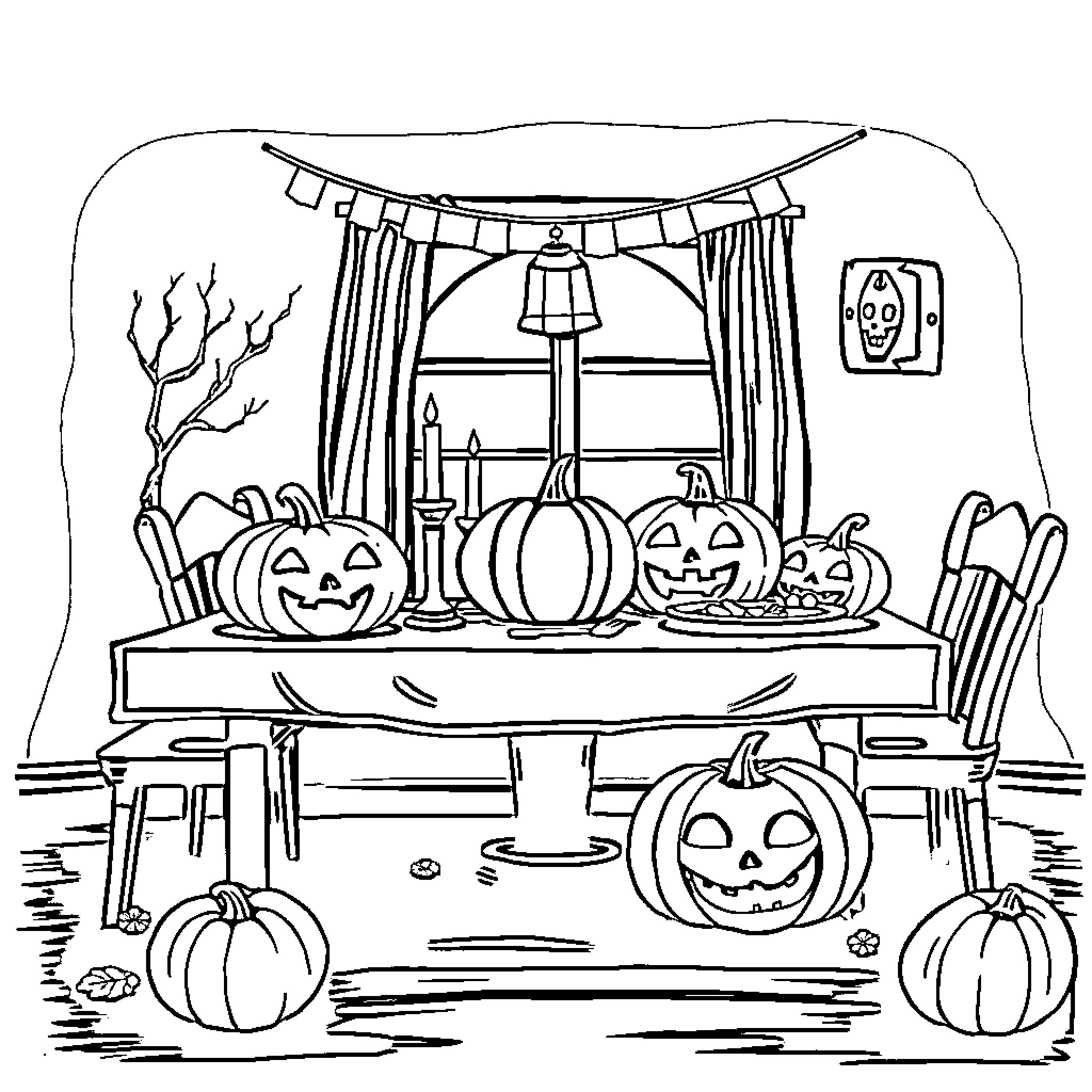 Thanksgiving indoor scene with pumpkin decorations Coloring Page (free black-and-white line drawing printable PDF for all, from beginners to advanced learners, including children, teens, adults, and seniors)