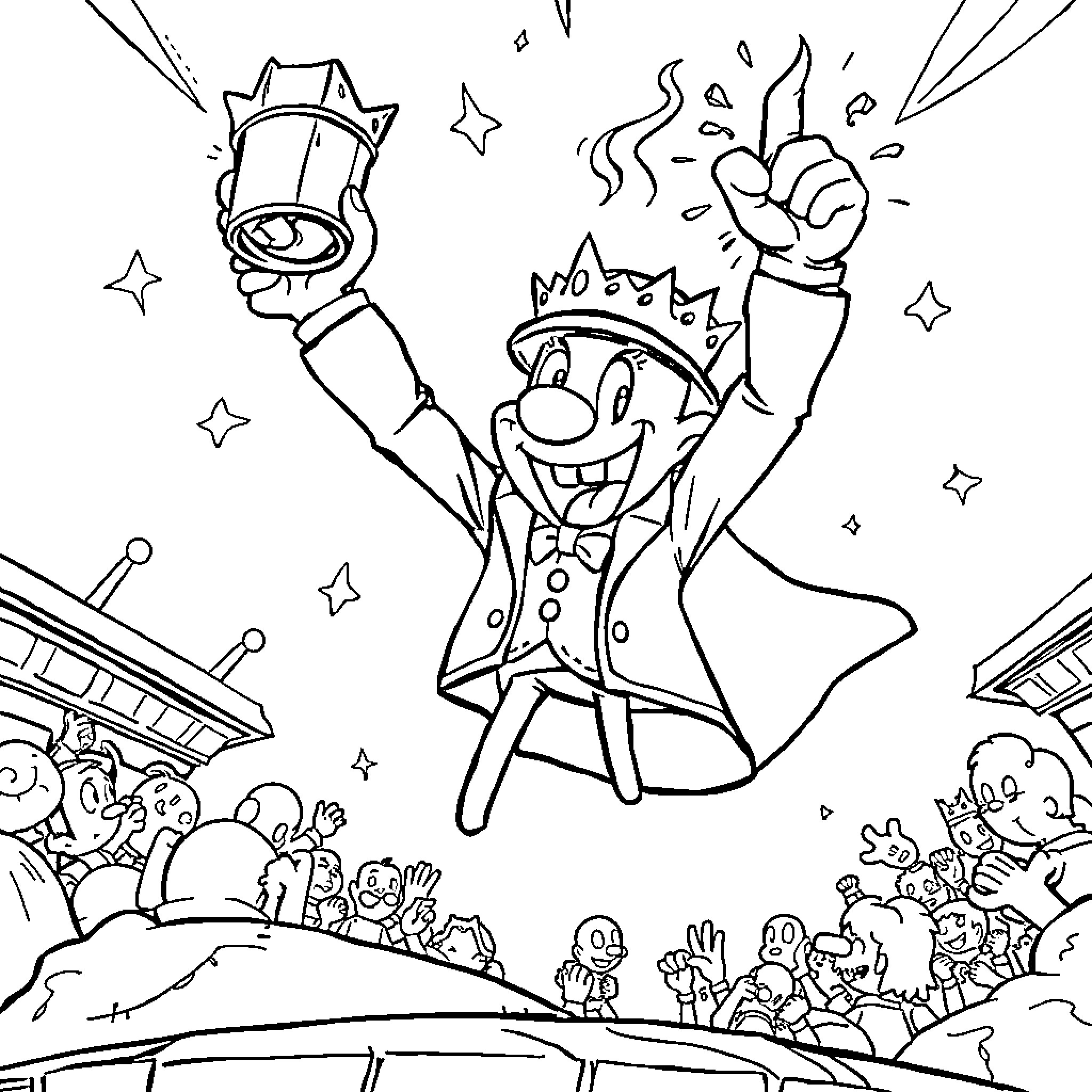 Madcap Carnival Antics with Jubilant King Coloring Page (free black-and-white line drawing printable PDF for all, from beginners to advanced learners, including children, teens, adults, and seniors)